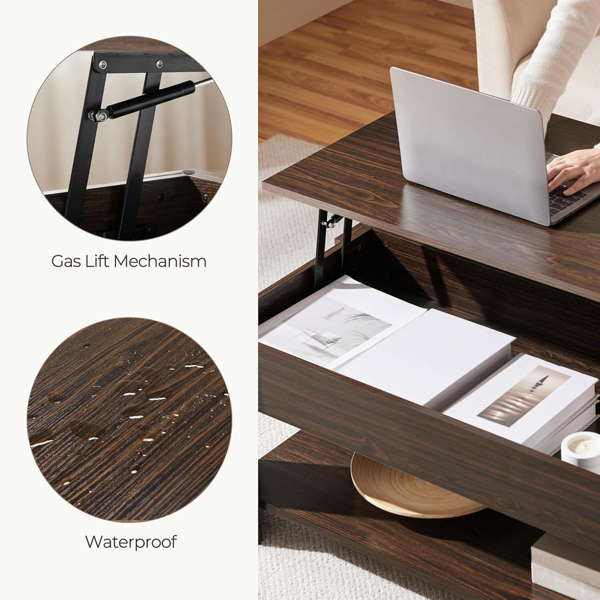 Yaheetech Lift Top Coffee Table with Hidden Compartment and Storage Shelf, Rising Tabletop Dining Table for Living Room Reception Room, 38.6in L, Espresso