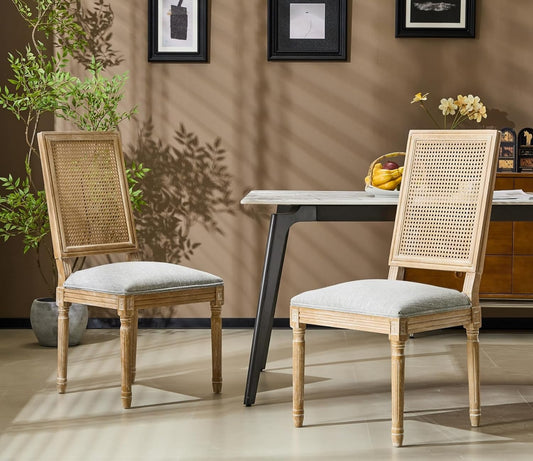 Merax Upholstered Solid Wood Dining Chairs Set of 2, French Country Style Accent Side Seating Furniture for Kitchen, Living Room, Wicker Back, Grayish Green