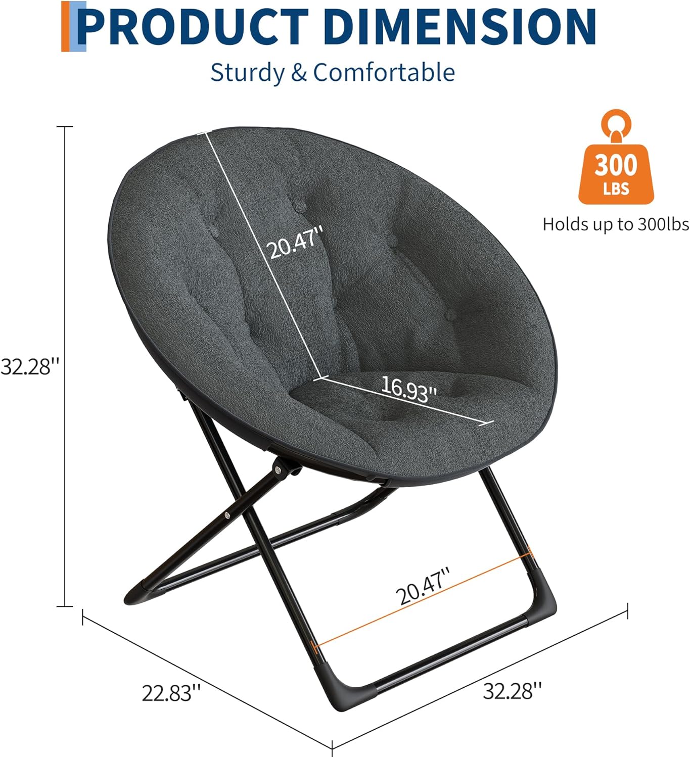 Saucer Chair with Faux Fur Cover - Foldable Moon Chair for Teens & Adults, Large Circle Seat Perfect for Bedroom, Living Room & Playroom, Soft Gaming Chair for Compact Spaces, Gray