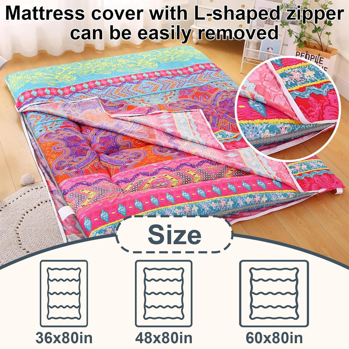 Bohemian Retro Japanese Floor Mattress, Vintage Floral Tatami Floor Mat, Portable Roll up Futon Mattress for Guest,Tavel (D,Full 80" X 47")