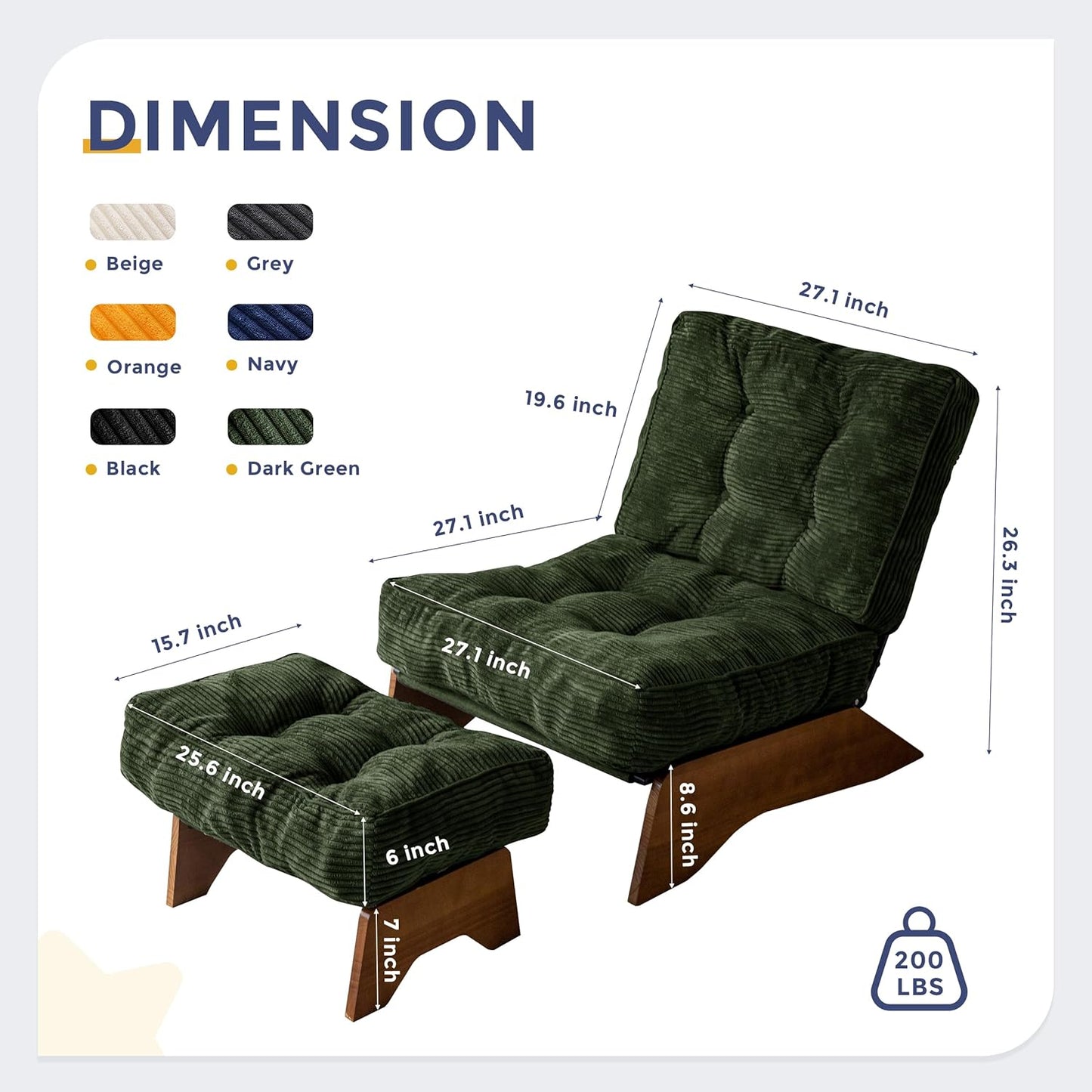 MAXYOYO Accent Chair with Ottoman Adjustable Backrest, Tufted Living Room Chair Upholstered Lounge Chair with Footrest Set, Modern Chair Cozy Reclining Chair for Reading Room, Green