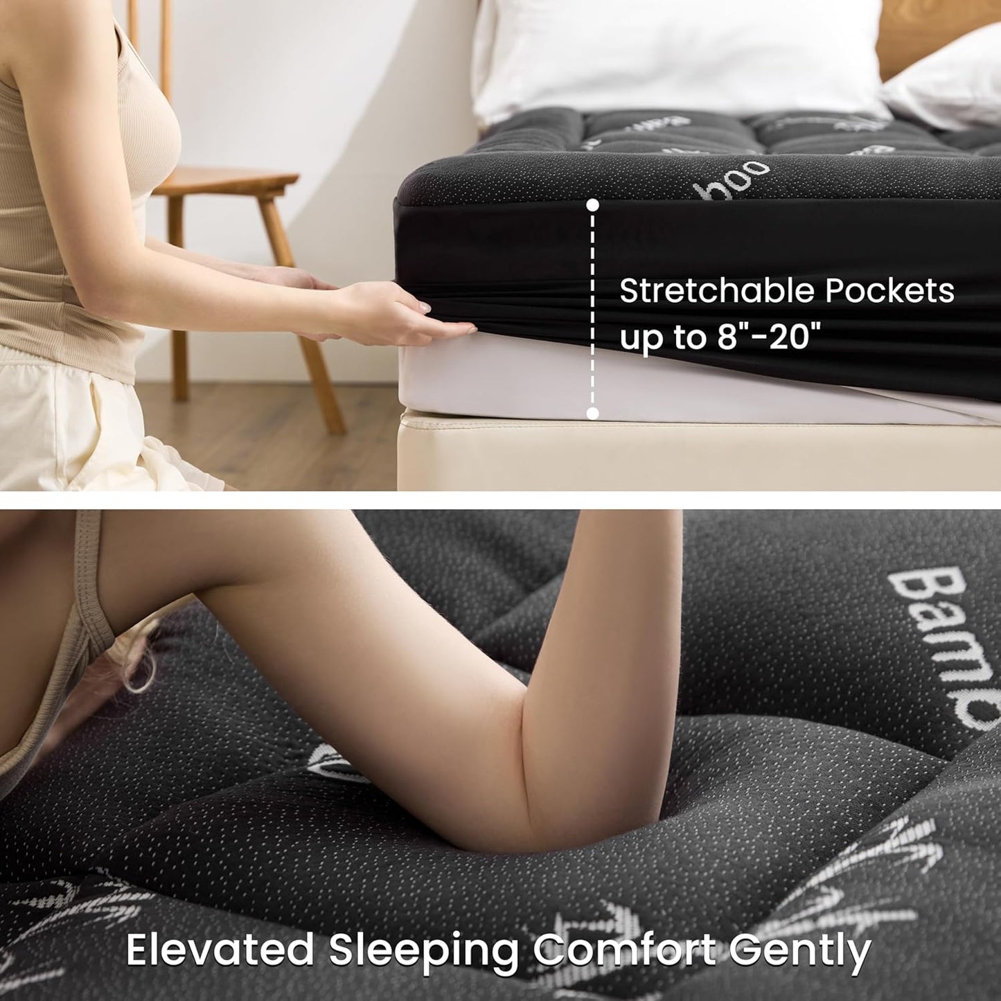 Love's cabin Queen Mattress Topper, Rayon Derived from Bamboo, 900 GSM Breathable Mattress Topper Pad, Thick Pillow Top Mattress Pad with Stretches up 8"-20" Deep Pocket(60"x80"), Black
