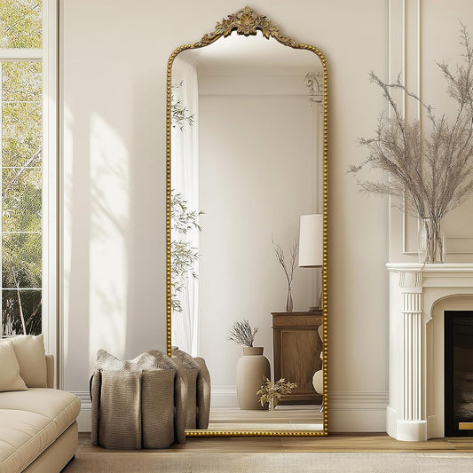 G-LEAF Vintage Baroque Full Length Floor Mirror 75"X30", Victorian Antique Mirror with Brush Gold Ornate Metal Frame for Fireplace Entryway Living Room Hallway Bathroom