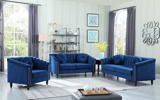 Sectional Sofa Set, Microfiber Chesterfield Upholstered Sofas Loveseat Couch Chair Sets with Style Button Tufted, Scroll Arms and Nailhead for Living Room, Office, Apartment, Blue,3PCS