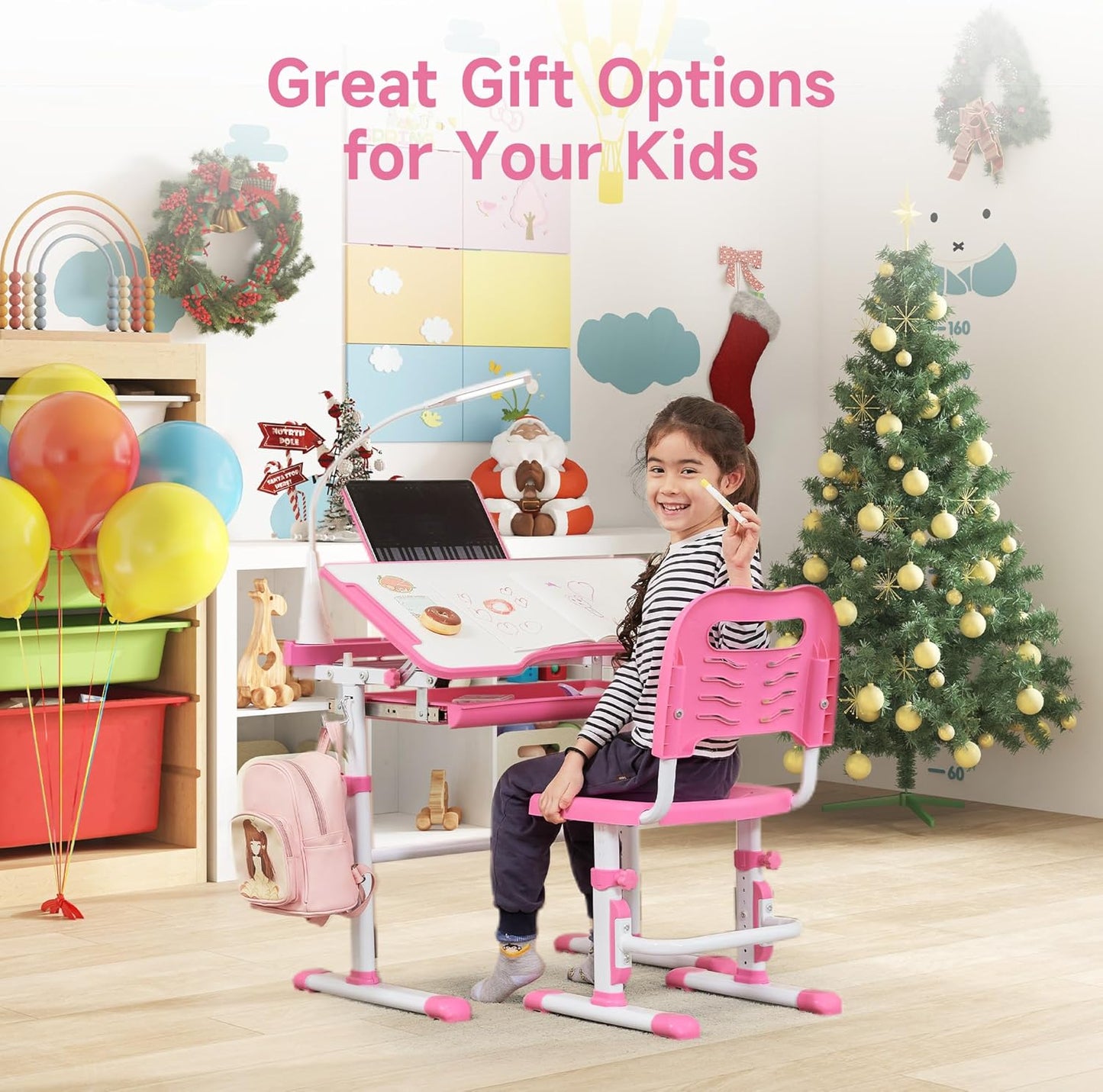 Real Relax Kids Desk and Chair Set, Children's Multifunctional School Tables with Tilt Desktop, LED Light, Metal Hook Pink