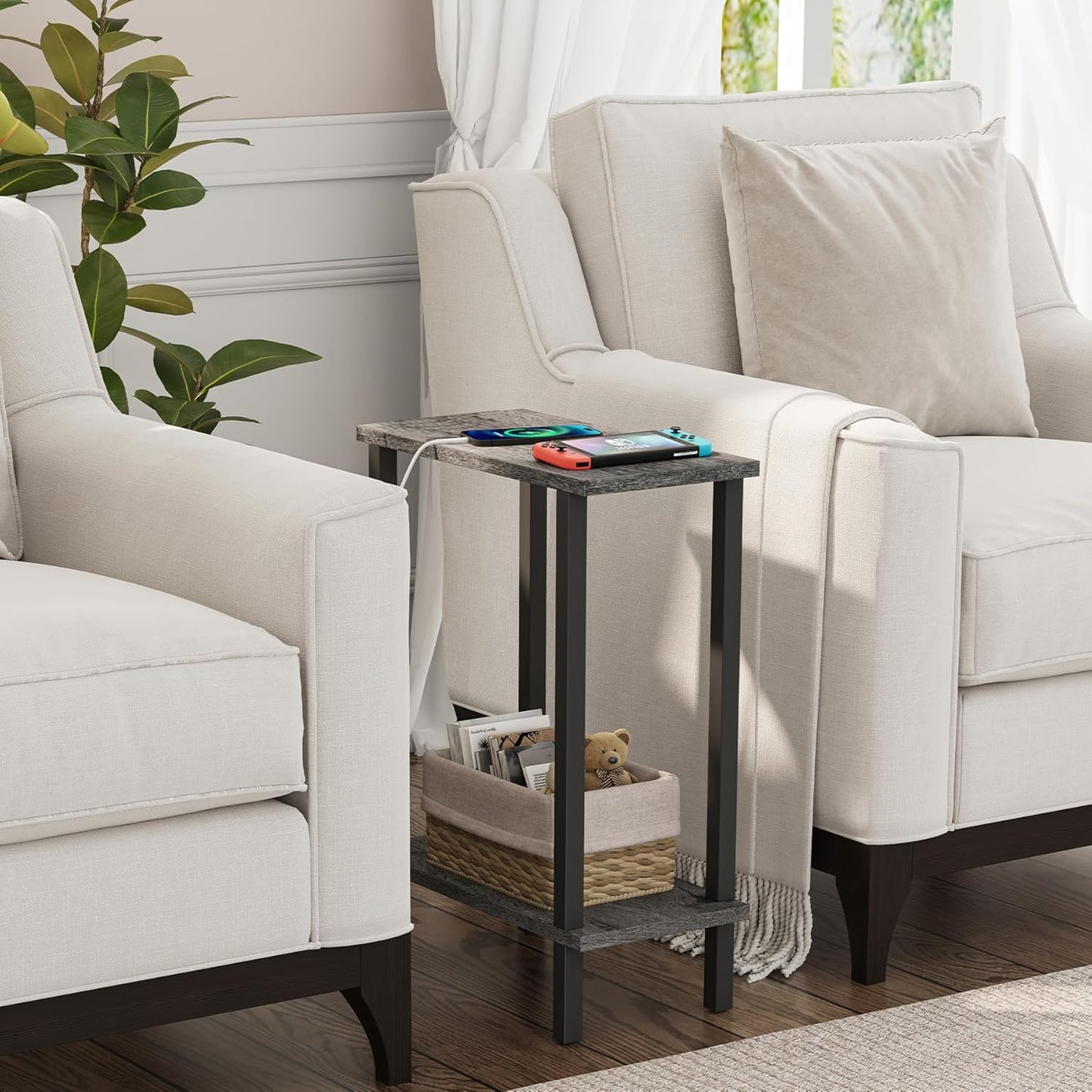 TUTOTAK Small Side Table, Narrow End Table, Set of 2, Skinny Sofa Table, Slim Nightstand, Couch Table, Living Room, Bed Room, Charcoal Grey TB01BY0622