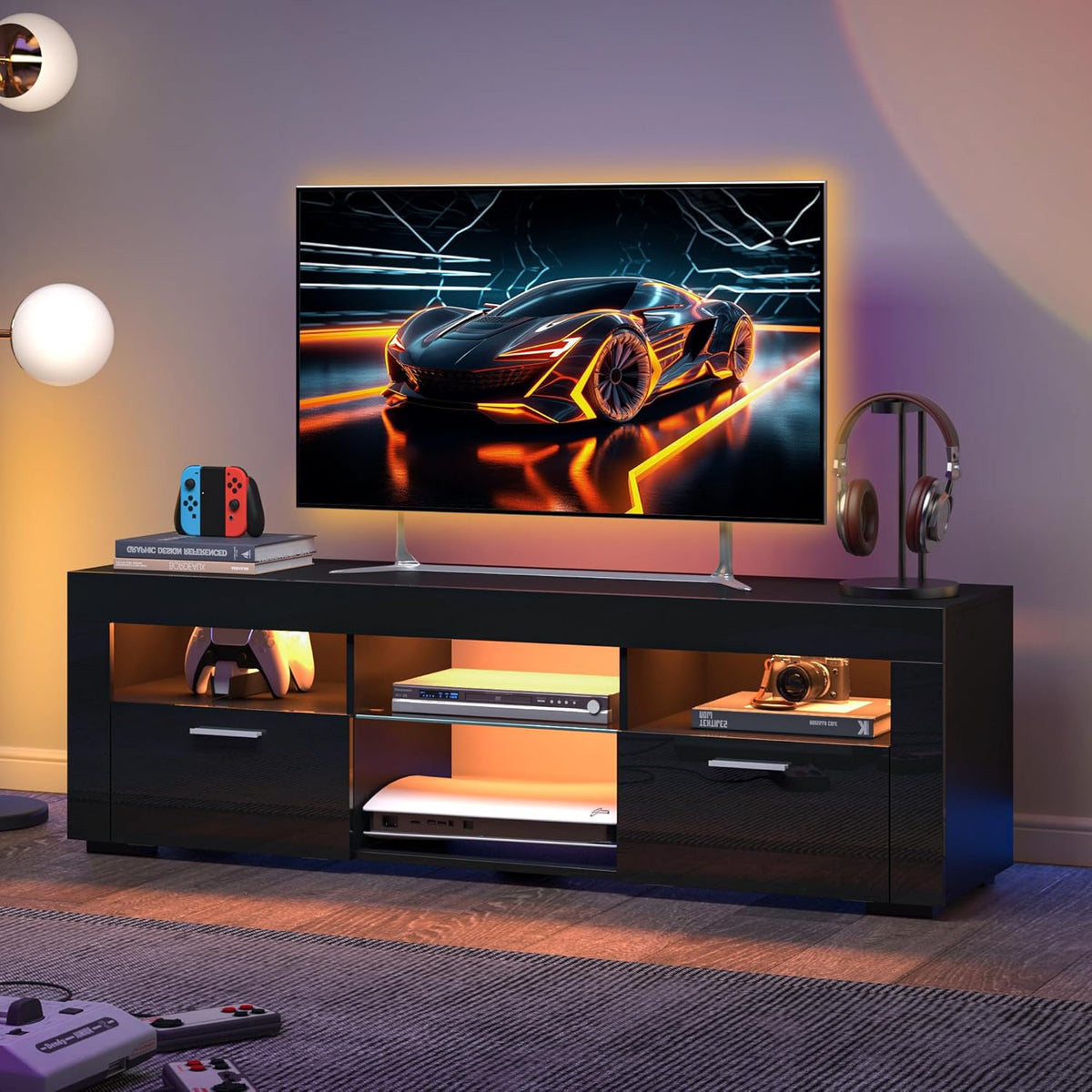 55" TV Stand for Living Room, High-Gloss Entertainment Center for 55 Inch TV, Spacious Storage Cabinet for Living Room & Bedroom (Black)
