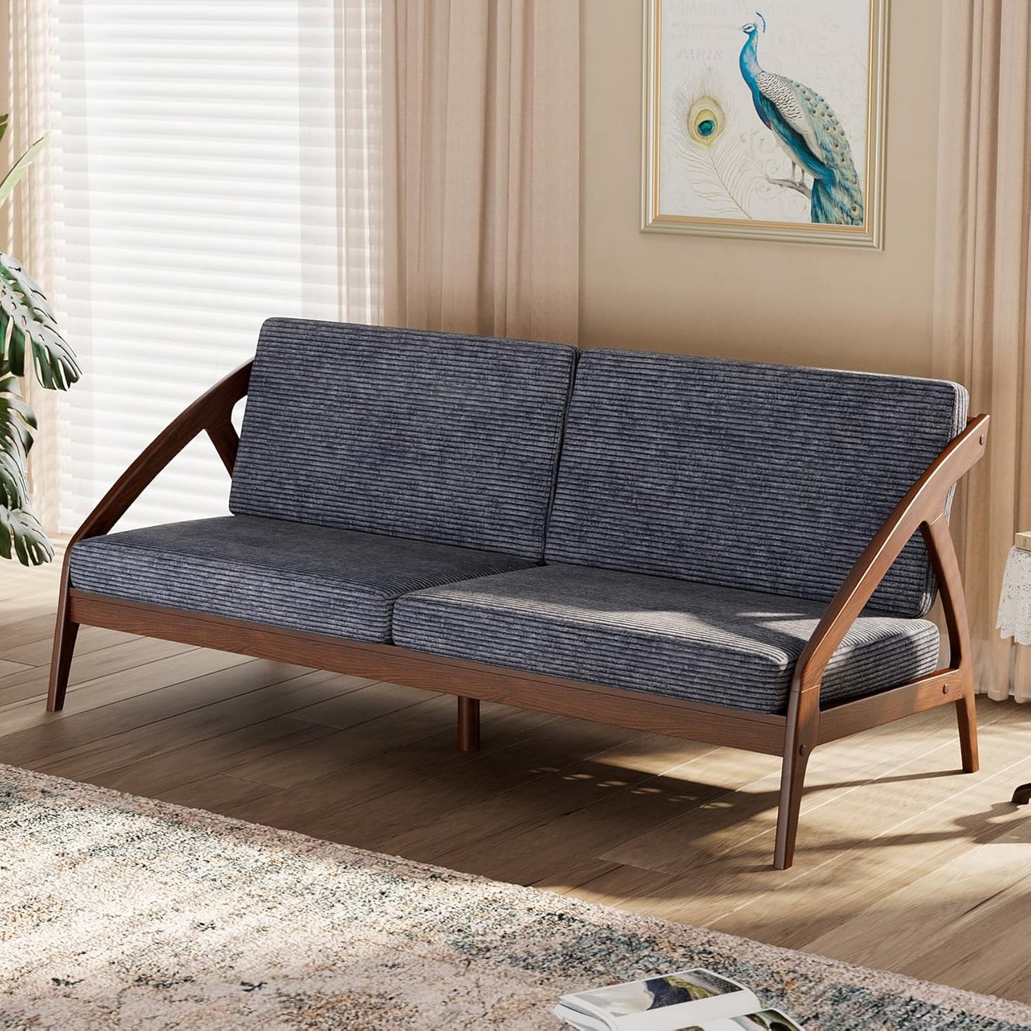 73.4" Solid Wood Upholstered Sofa, Comfortable Seat Cushion, White Waxwood Full Solid Wood Frame, Removable Cover, Suitable for Bedroom and Living Room, Easy to Assemble, Office Sofa