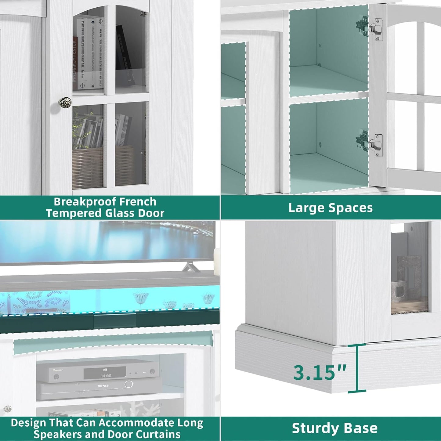 YITAHOME LED Farmhouse TV Stand for 65 Inch w/Outlets, Modern Entertainment Center with Glass Doors and Adjustable Storage Shelves, Media Console TV Cabinet for for Living Room, White/Black