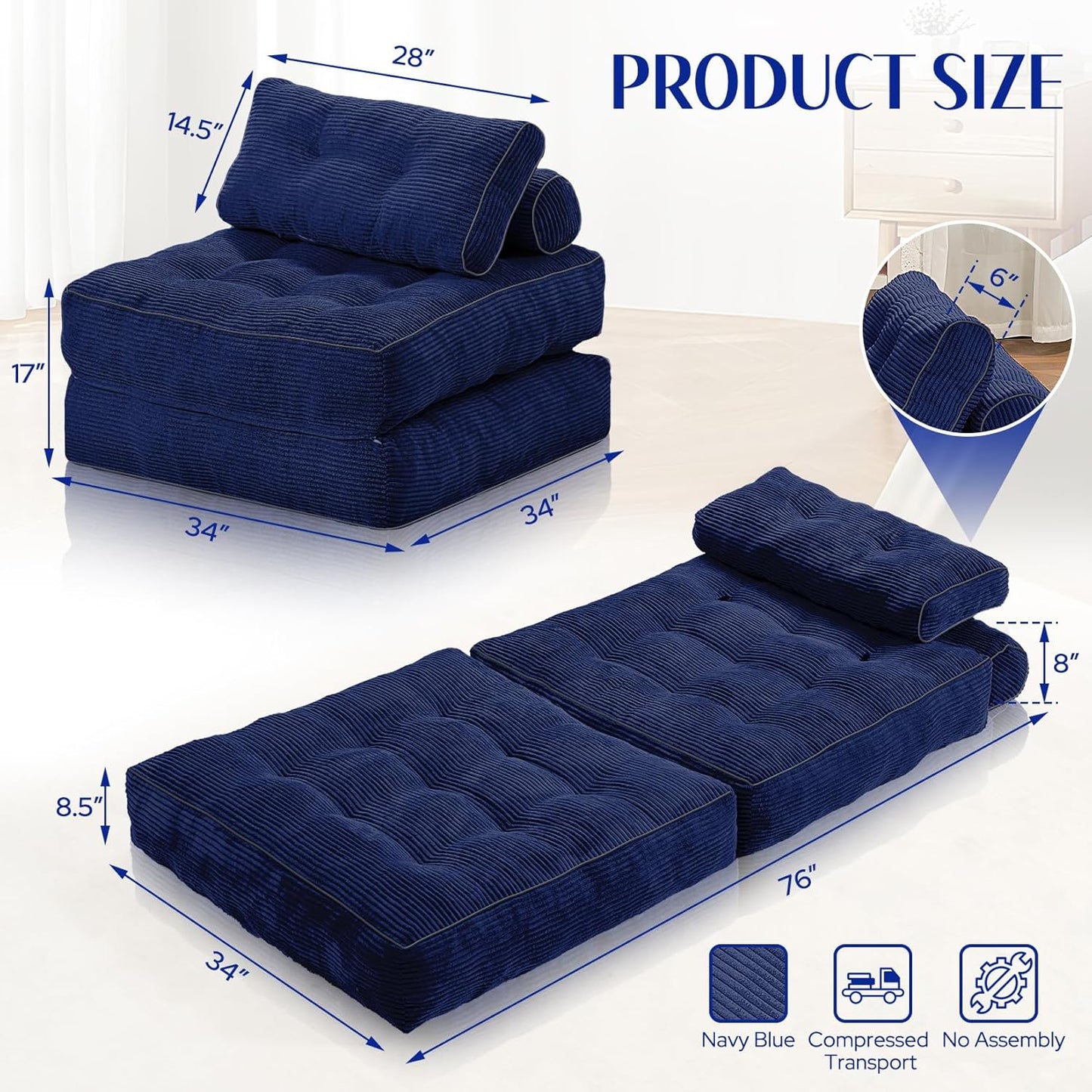 HABUTWAY Folding Sofa Bed, Convertible Sleeper Chair Bed w/Dual-Pillow & Handle, Foldable Floor Sofa Lounge w/Back Support for Living Room, Bedroom, Apartment, Office, Navy Blue