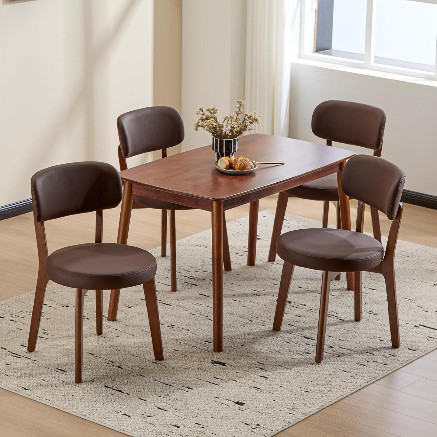 Furniliving Wooden Dining Chairs Set of 4, Mid-Century Modern Leather Upholstered Kitchen Chair with Solid Oak Wood, Farmhouse Dining Room Chairs, Brown