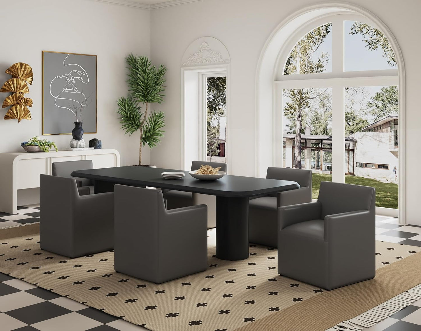 Manhattan Comfort Anna Square Modern Dining Chair with Arms, Head-to-Toe Faux Leather Upholstered Accent Armchair with Plastic Foot Padding, Set of 2, Pewter