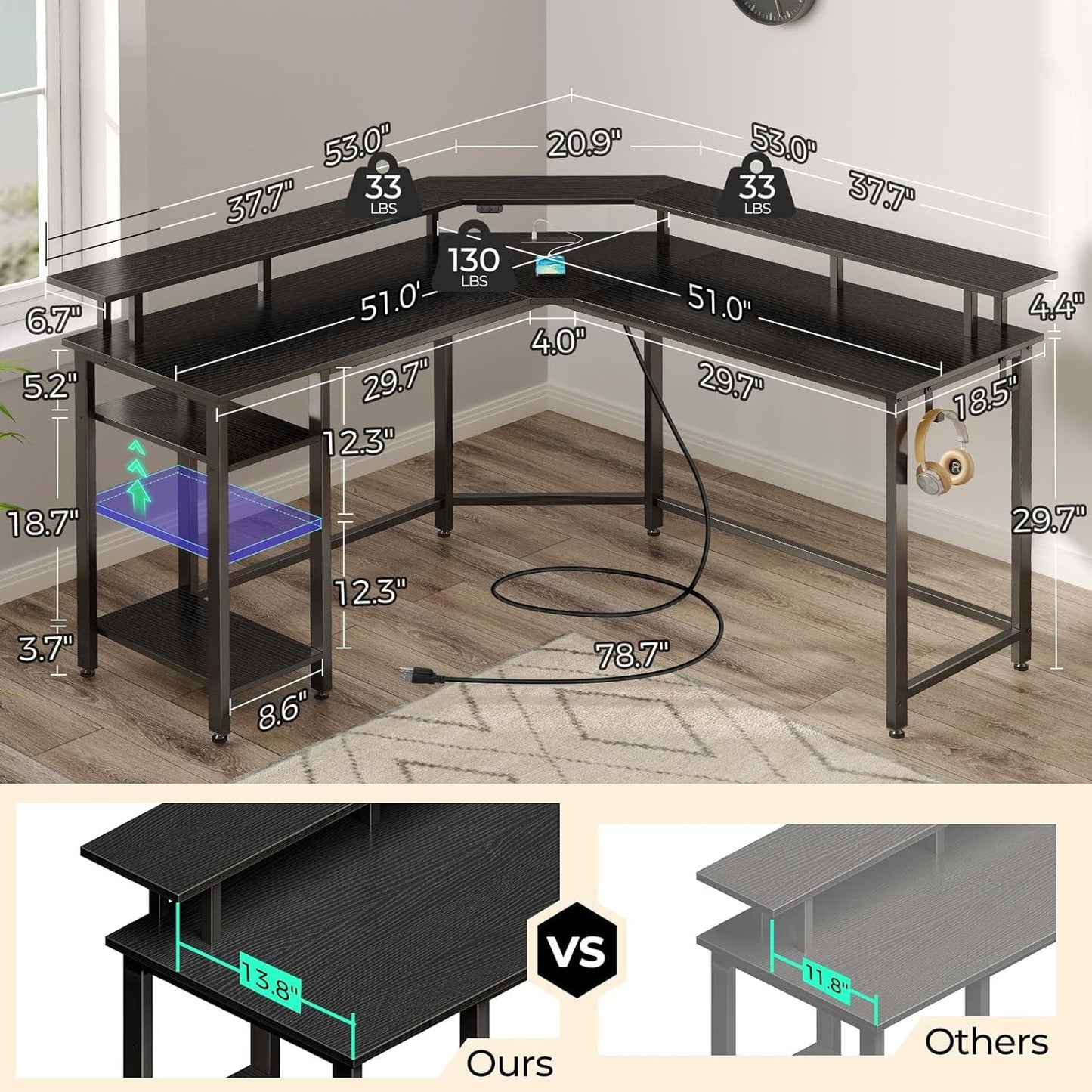 Rolanstar L Shaped Gaming Desk with LED Lights & Power Outlets, 53" Computer Desk with Full Monitor Stand & Storage Shelf, Corner Desk with Hooks, Black Desk Reversible