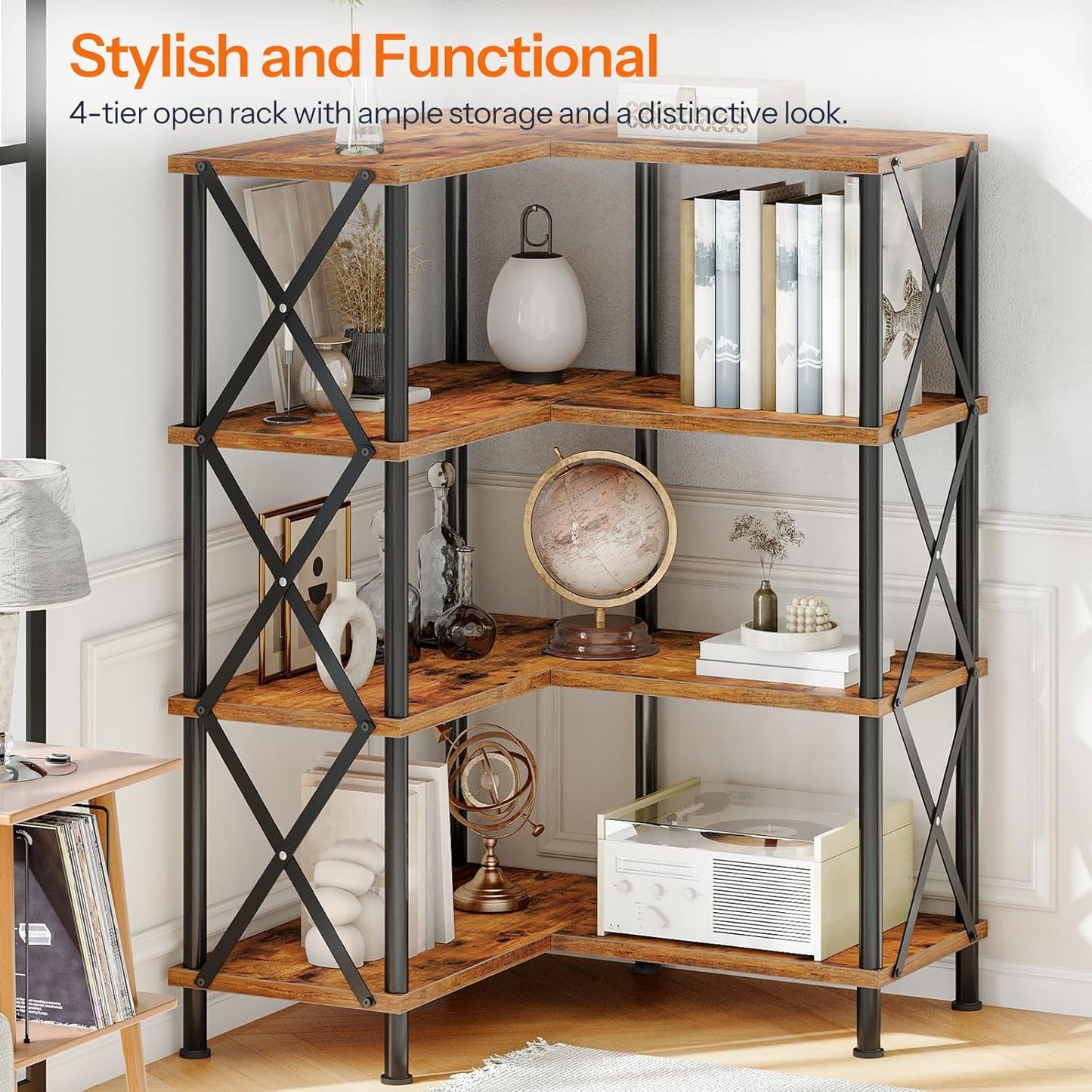 HOOBRO Corner Bookshelf, 4-Tier L-Shaped Bookcase, Industrial Open Display Shelf Tall Storage Organizer, Vertical Storage Rack, for Living Room, Home Office, Rustic Brown and Black BF59SJ01