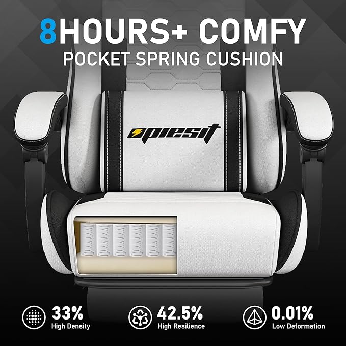 Gaming Chair, Fabric Computer Chairs with Lumbar Support and Massager, Ergonomic Office Chair with Footrest & Pocket Spring Cushion, Bearing 400 LBS（White）