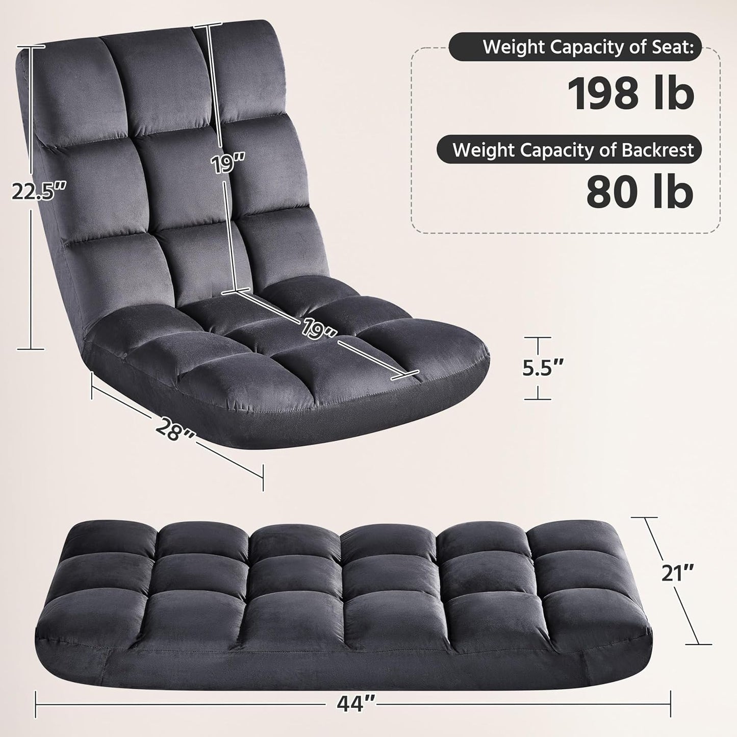 Yaheetech Padded Floor Chair with Back Support, Lounge Chairs Armless Meditation Cushion with Memory Foam, Adults Video Gaming Sofa Chair with Adjustable Backrest Floor Seating, Gray, 2pcs