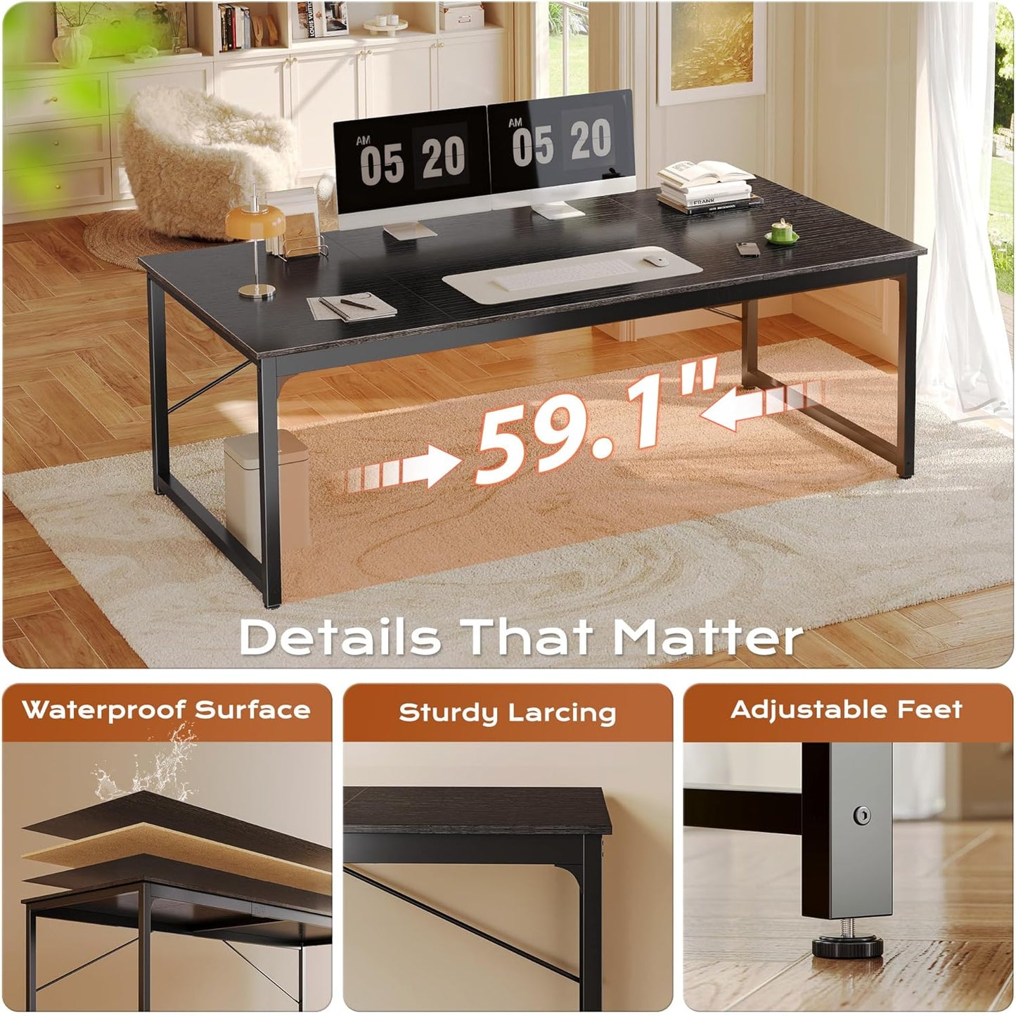 PRAISUN 63 X 29.5 Inch Computer Desk with Deeper Desktop, Gaming Office Writing Work Desk for Home Office, Study, Bedroom, Work from Home, Metal Frame, Black