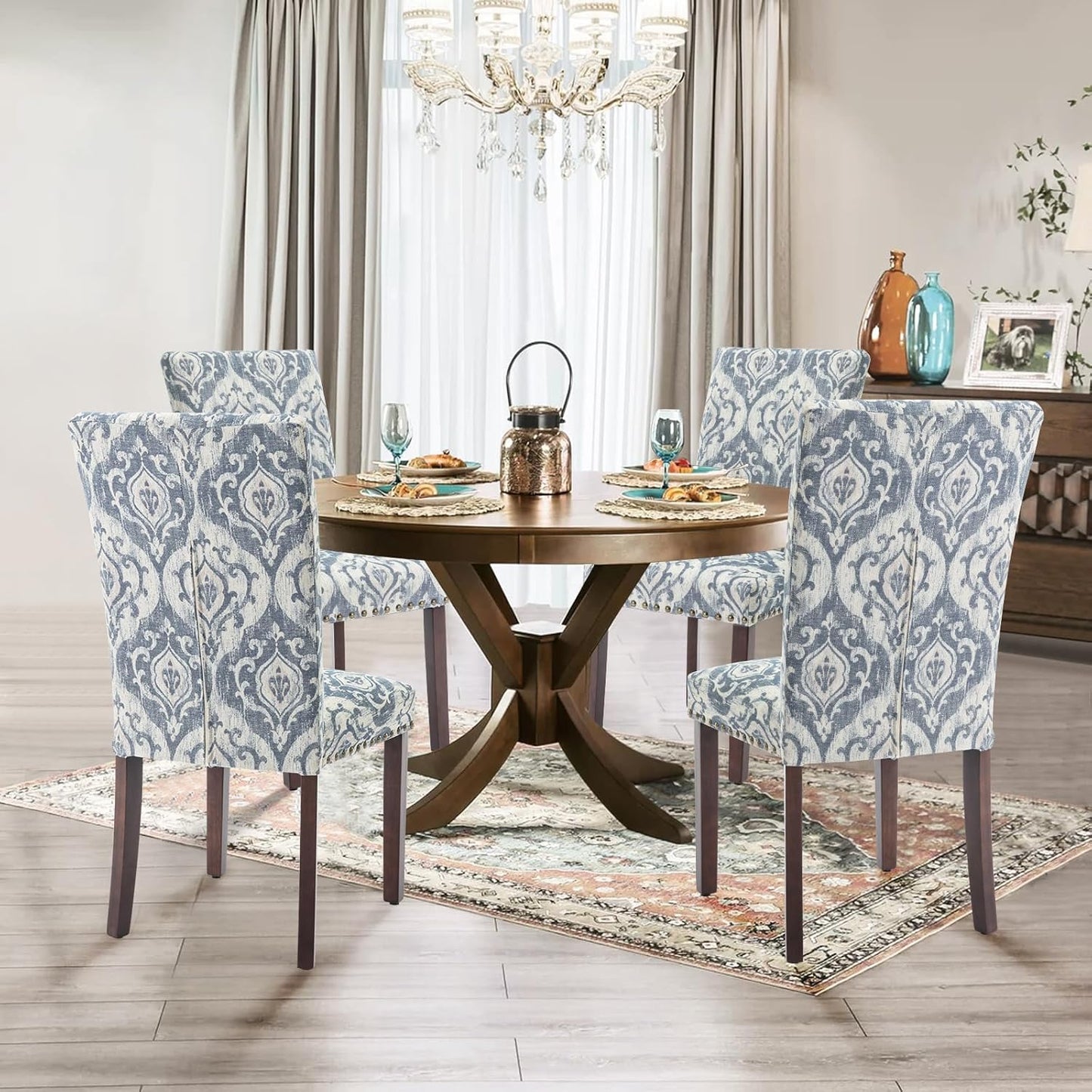 Parsons Dining Chairs Set of 6, Upholstered Nailhead Dining Room Kitchen Side Chair with Thick Cushions and Wood Legs, White/Blue