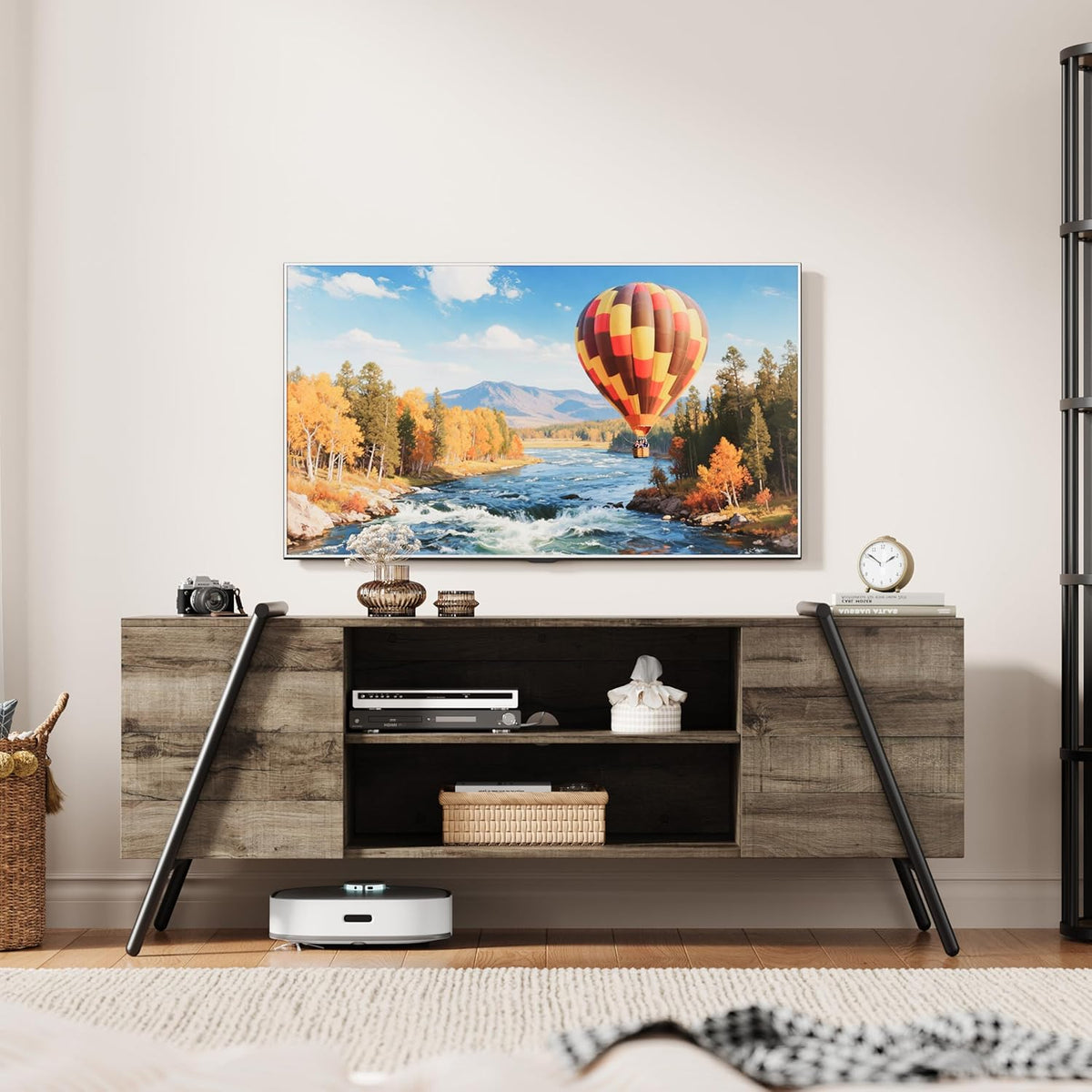TV Stand for 65 60 55 50 Inch TV, 55" Mid Century Modern Entertainment Center with Adjustable Open Shelves & Metal Legs, Industrial Media Console Table for Living Room, Oak