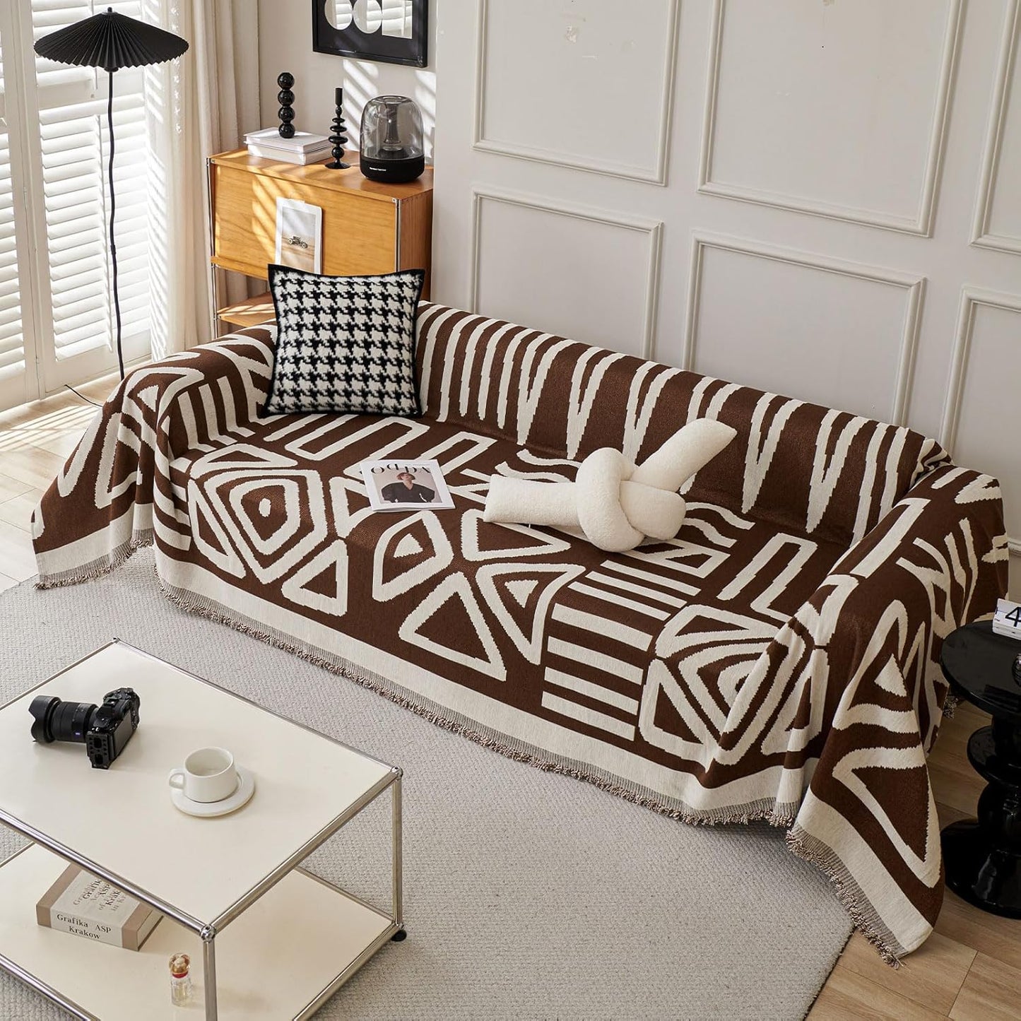 STACYPIK Boho Chenille Sofa Covers, Chocolate Geometric Couch Cover for Sectional, L Shape Couch Protector for 3 Cushion Couch, Non Slip Jacquard Sofa Protector for Loveseat with Tassles-71X118IN