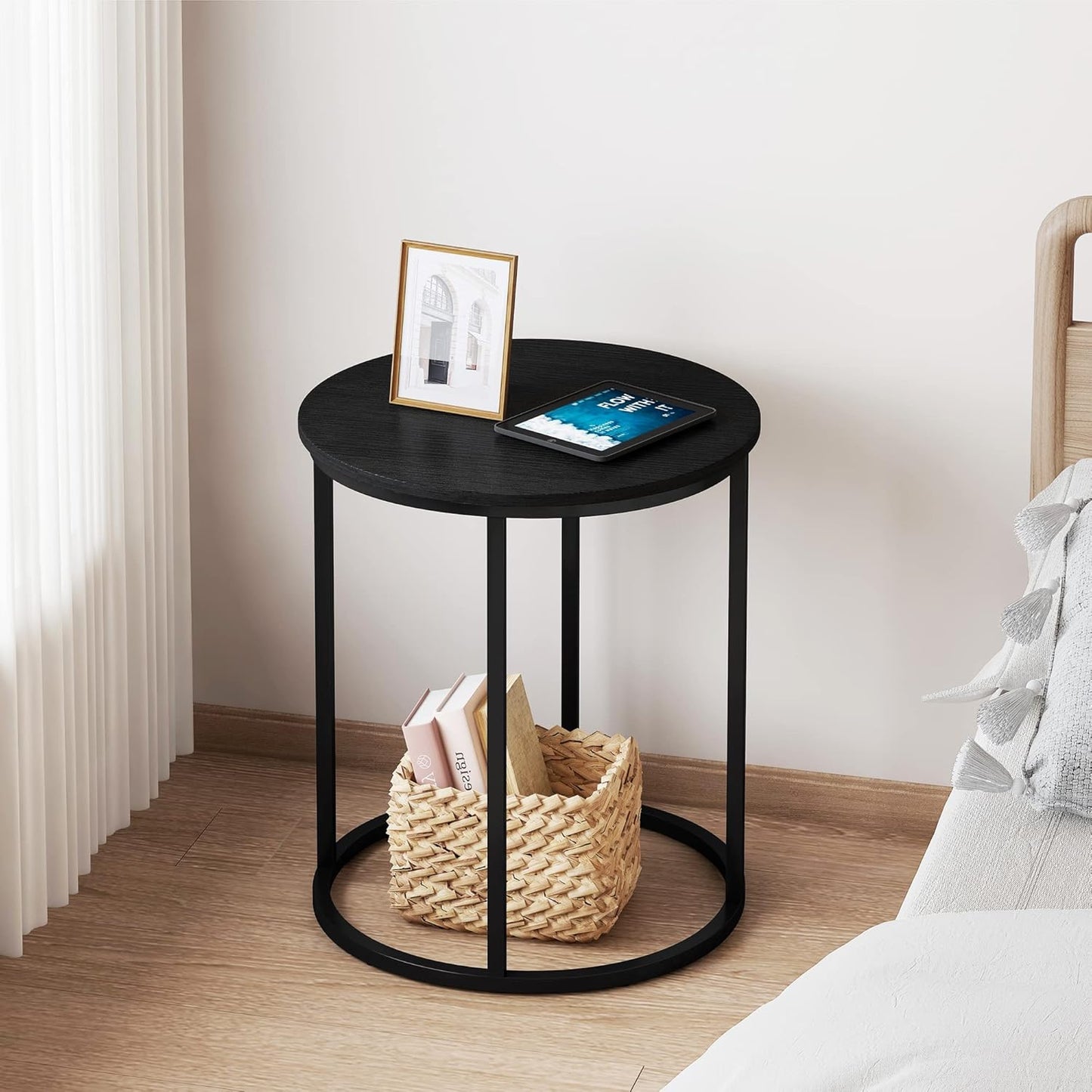 Yusong Round End Table, 20" Accent Small Side Table Suitable for Hiding Trash Can, Nightstand Modern Bedside Table for Living Room Bedroom Office Small Spaces, Black