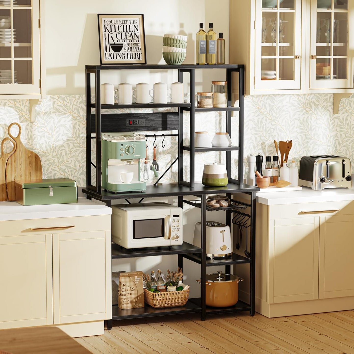 SUPERJARE Large Bakers Rack with Power Outlets, 6-Tier Microwave Stand, Coffee Bar with 12 S-Shaped Hooks, Kitchen Shelf with Wire Basket, 39.3 x 15.5 x 66.9 Inches, Black