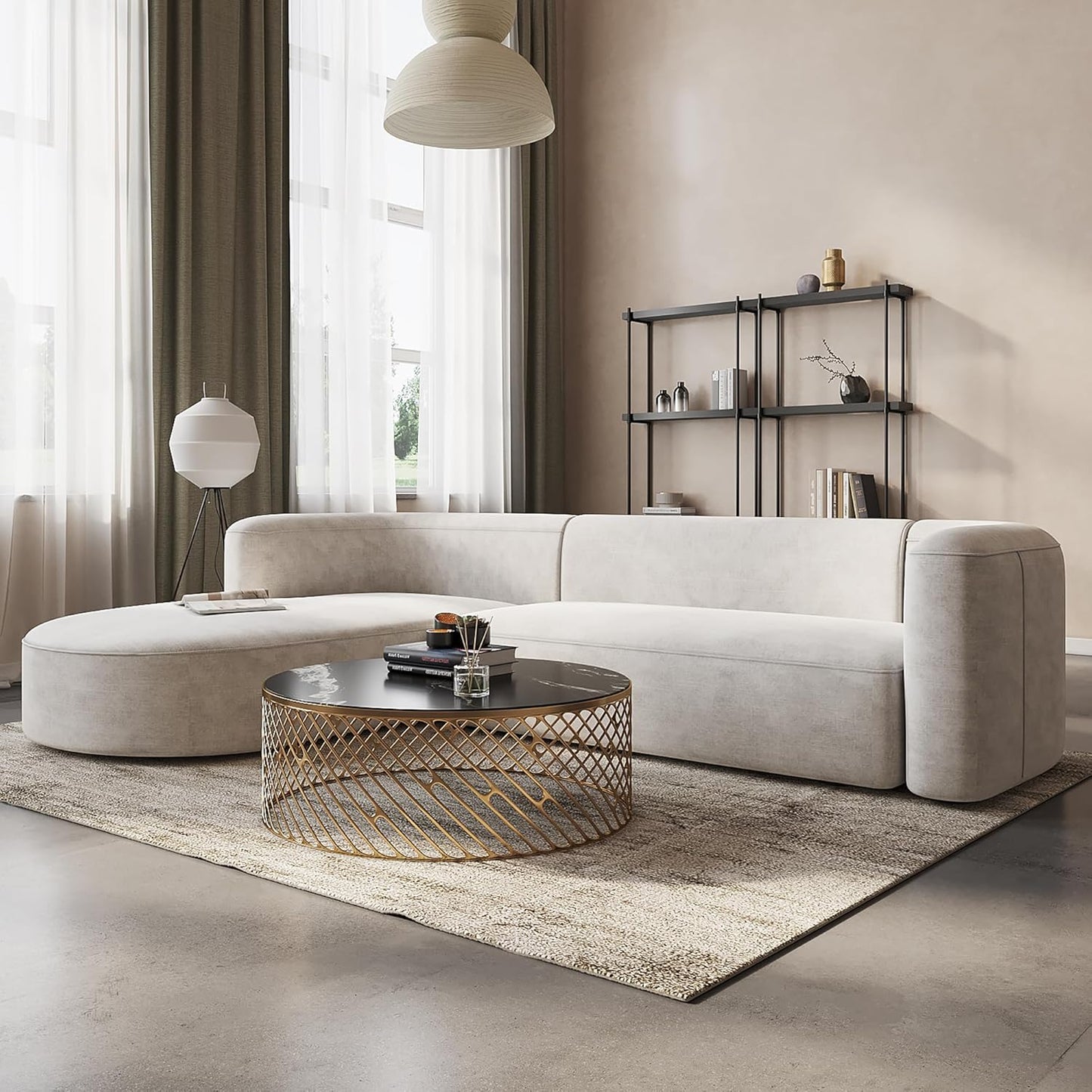 Acanva Luxury Modern Tight Curved Back Velvet Sofa, Minimalist Style Comfy Couch for Living Room Apartment, L-Shaped Sectional with Left Chaise, Cream