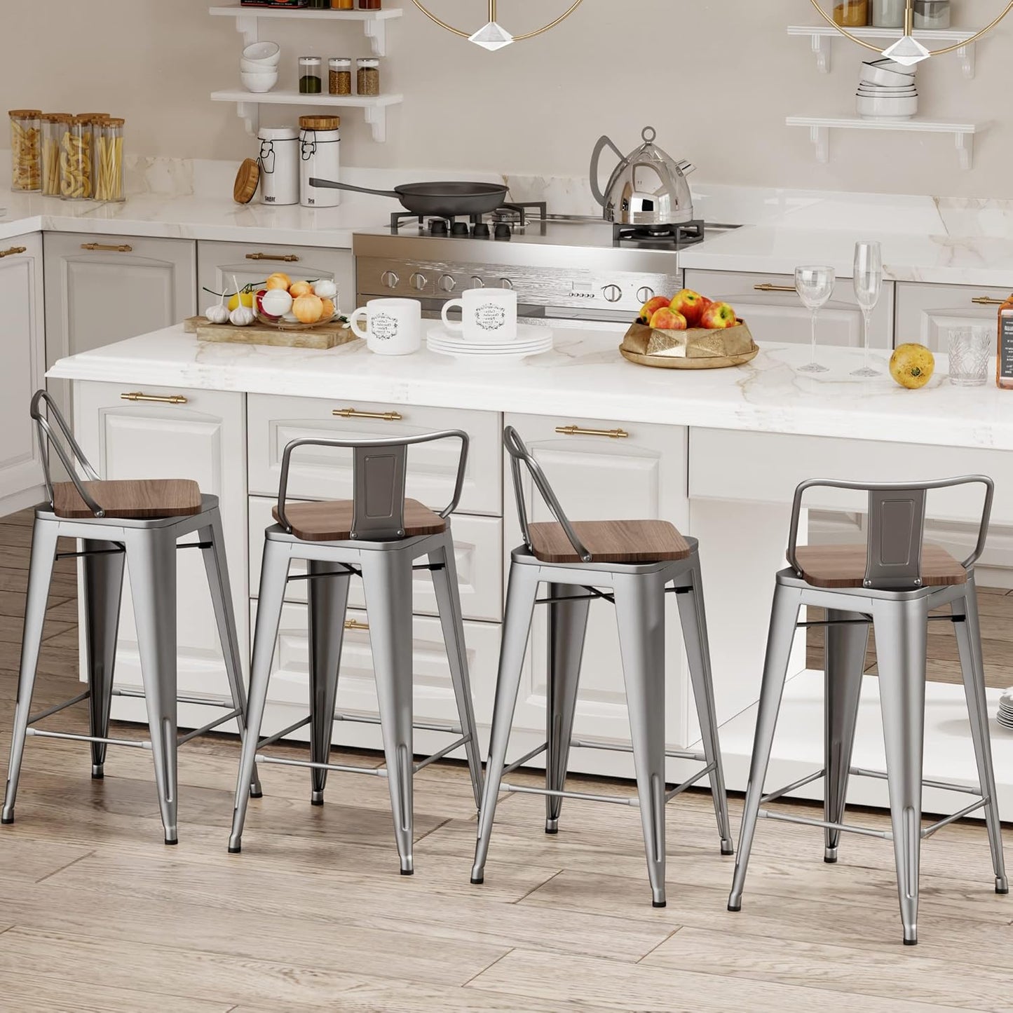 30 Inch Swivel Bar Stools Set of 4 with Backs Counter Height Industrial Metal Barstools Island Bar Chairs for Home Kitchen Dining Room (Swivel 30 inch, Silver Wooden)