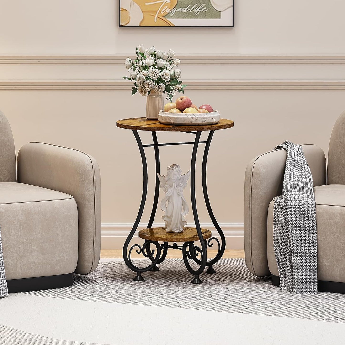 Side Table,Small Round End Table with Lower Shelf for Small Spaces, Portable Couch Sofa Coffee Table,Bedside Nightstand Table with Metal Frame,Retro Accent Drink Table for Living Room Bedroom Balcony