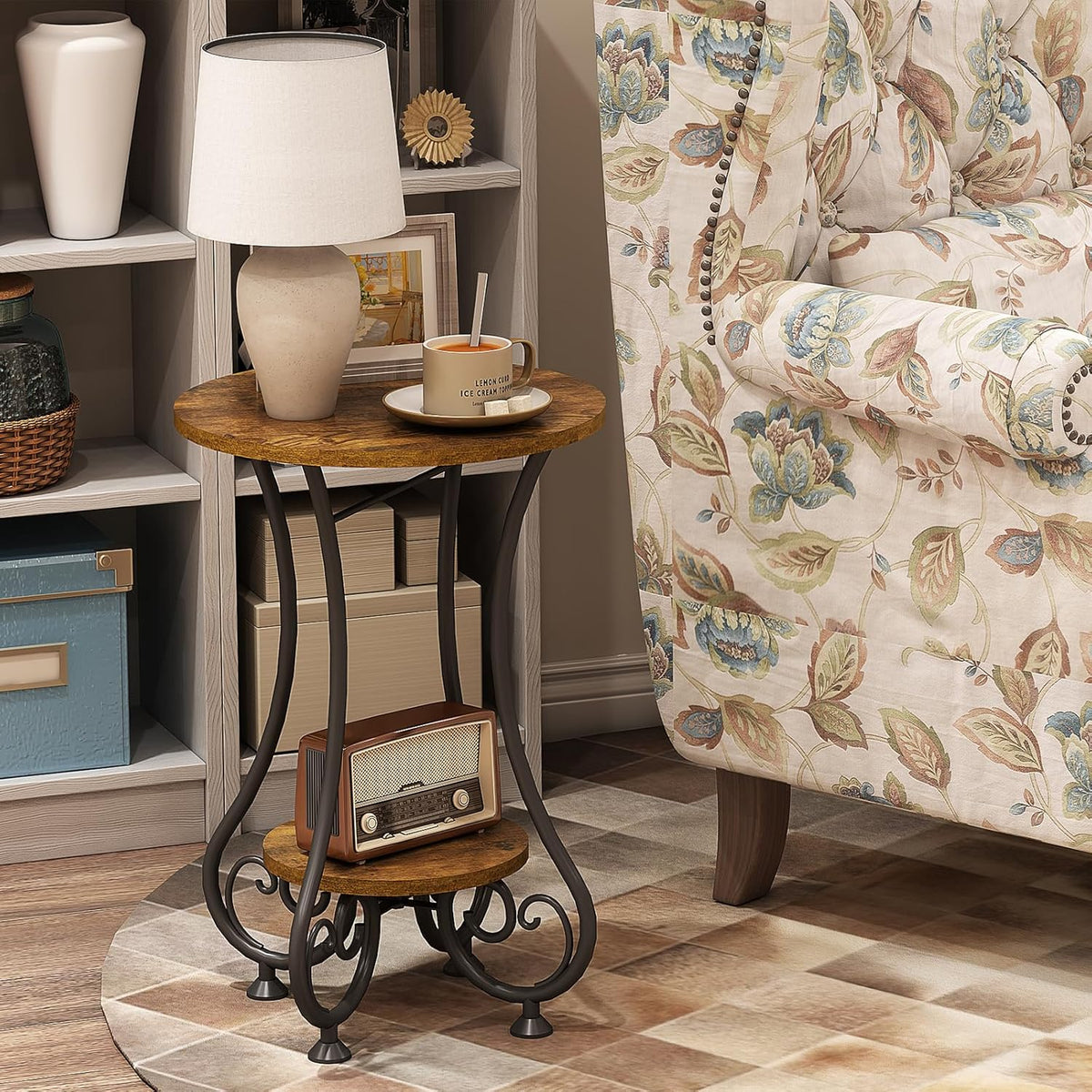 X-cosrack End Table, Round Side Table for Small Spaces, Coffee Tea Table Nightstand Home Decor for Living Room Balcony Bedroom Office,Rustic Brown & Black,15.75" L x 15.75" W x 24.0" H