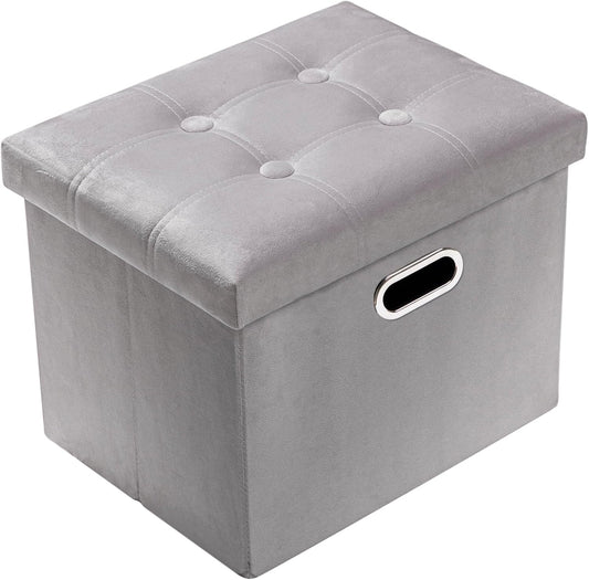 PRANDOM Ottoman with Storage [1-Pack] Velvet Folding Small Square Foot Stool with Lid for Living Room Bedroom Coffee Table Dorm Light Grey 17x13x13 inches