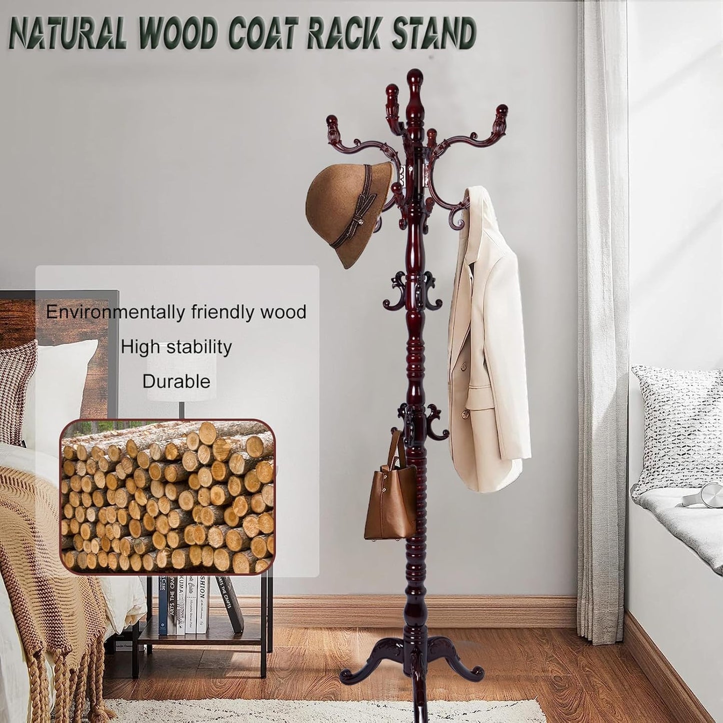 73" Wooden Coat Rack Stand,Coat Racks Freestanding With 14 Hooks And Solid Round Base Heavy Duty Adjustable Height Hall Tree Coat Rack for Entryway Hallway Foyer Office Bedroomf (3-Legged Redwood)