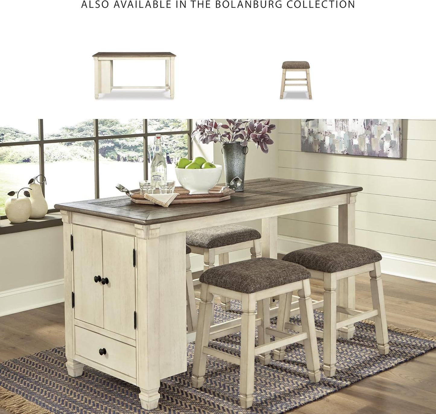 Signature Design by Ashley Bolanburg Farmhouse 24" Counter Height Upholstered Barstool, 2 Count, Whitewash