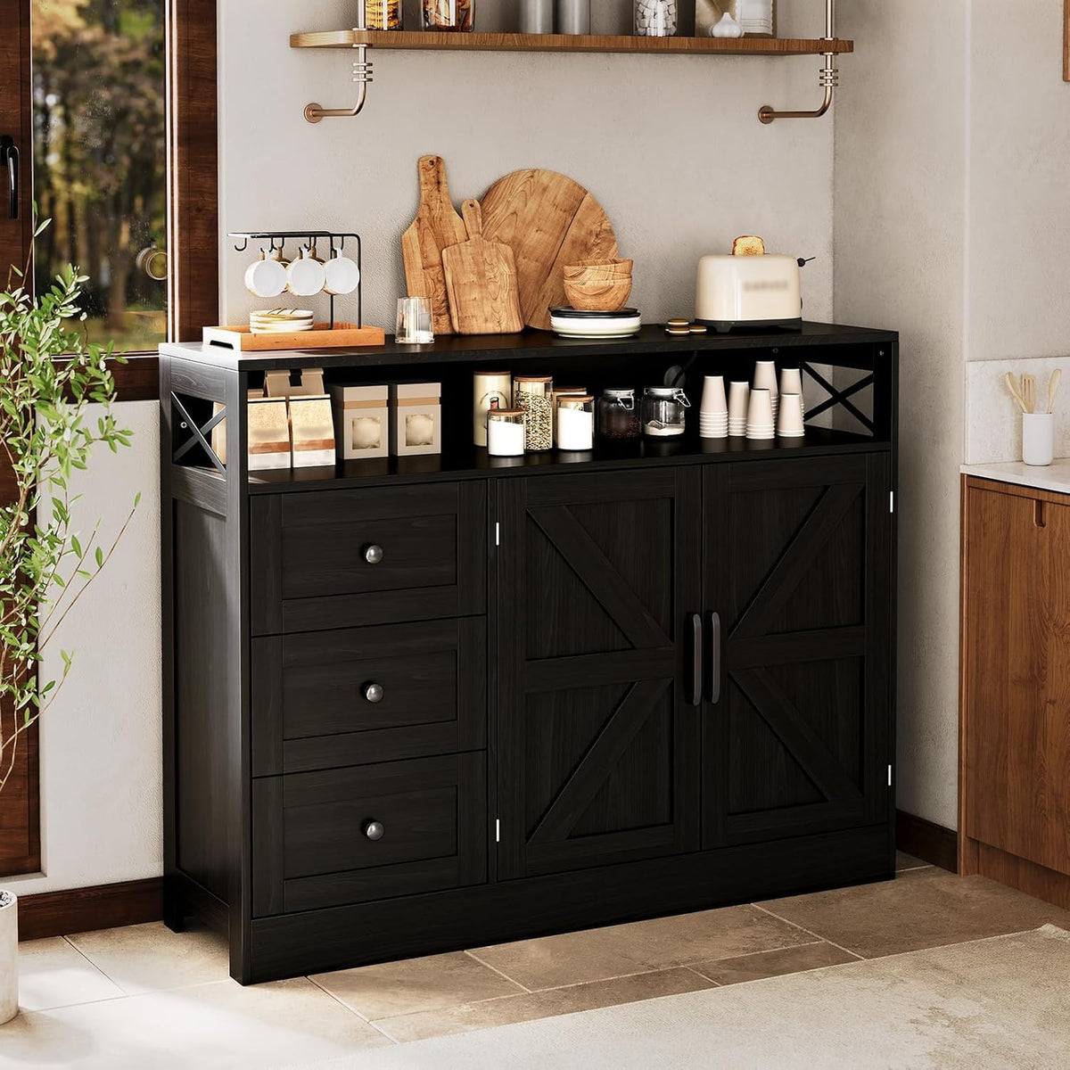 47" Farmhouse Sideboard Buffet Cabinet with Storage & Built-in Power Outlet,Coffee Bar Table Kitchen Buffet Cabinet with 3 Drawers and Barn Doors, Adjustable Shelves for Living Room Dining Room Black