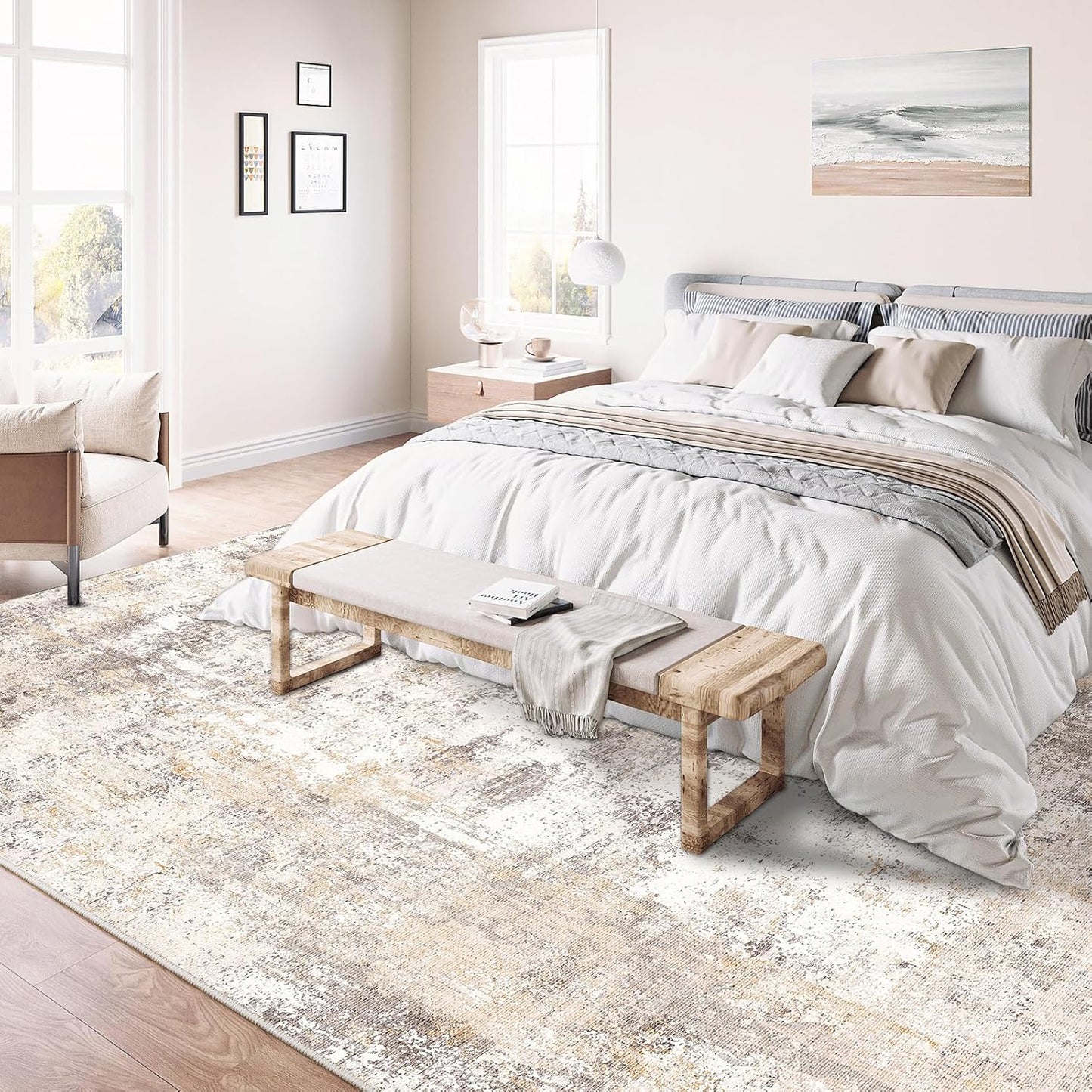 10x14 Washable Area Rug Beige Grey Neutral Abstract Living Room Bedroom Large Throw Rug Non Slip Soft Low Pile Indoor Floor Carpet for Dining Room Kitchen Office Entryway