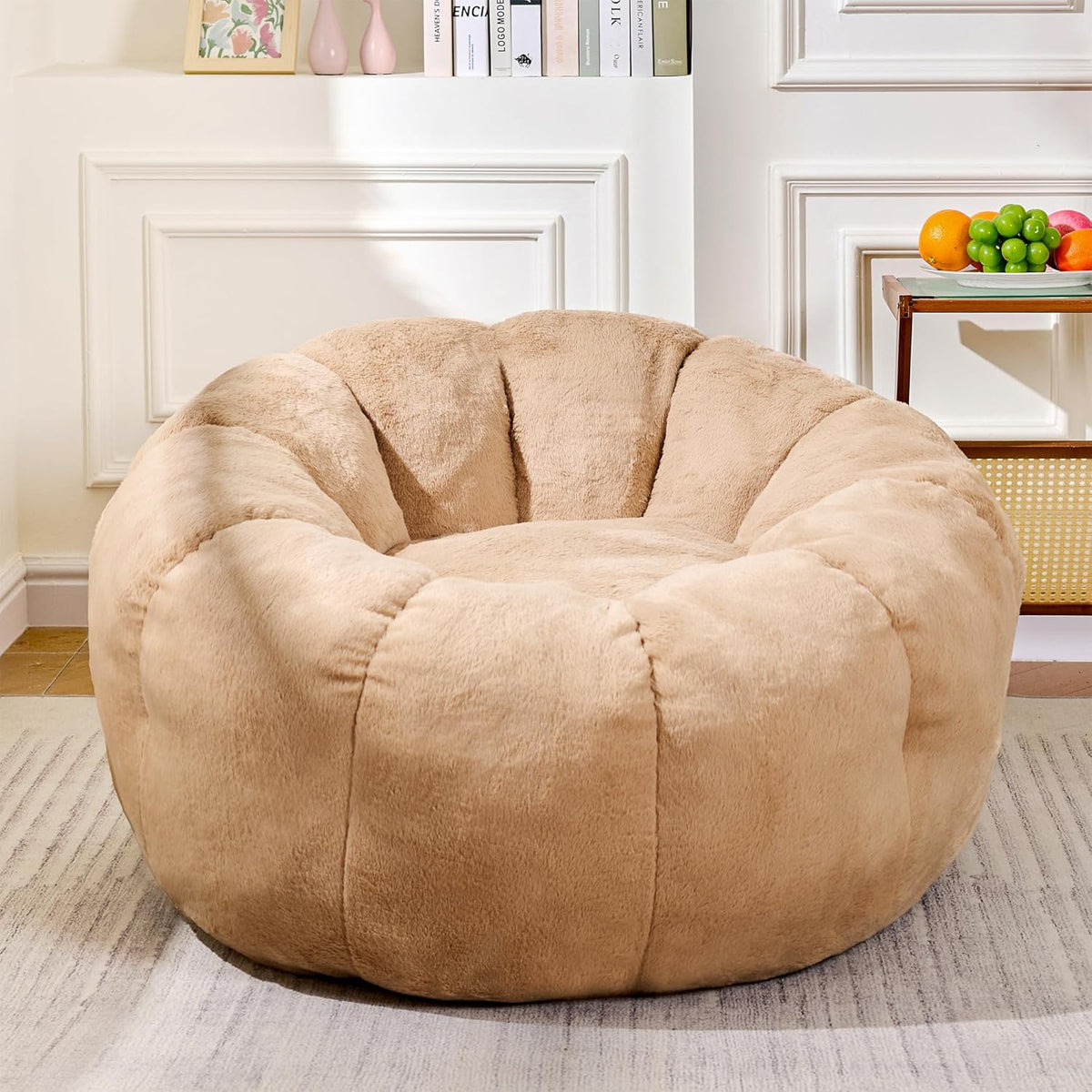 Bean Bag Chair with Filler Included, Faux Fur Comfy Chair with Petal Arm Rest Fluffy Reading Chair for Bedroom, Living Room, Dorm, Game - Taupe, Large, Low Support
