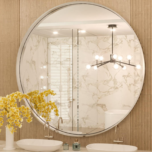 TokeShimi Round Mirror 36 Inch Brushed Silver Round Bathroom Mirror for Wall Non-Rusting Aluminum Alloy Brushed Silver Matte Metal Frame Modern Circle Mirror Fit in Minimalist Multi Style for Decor