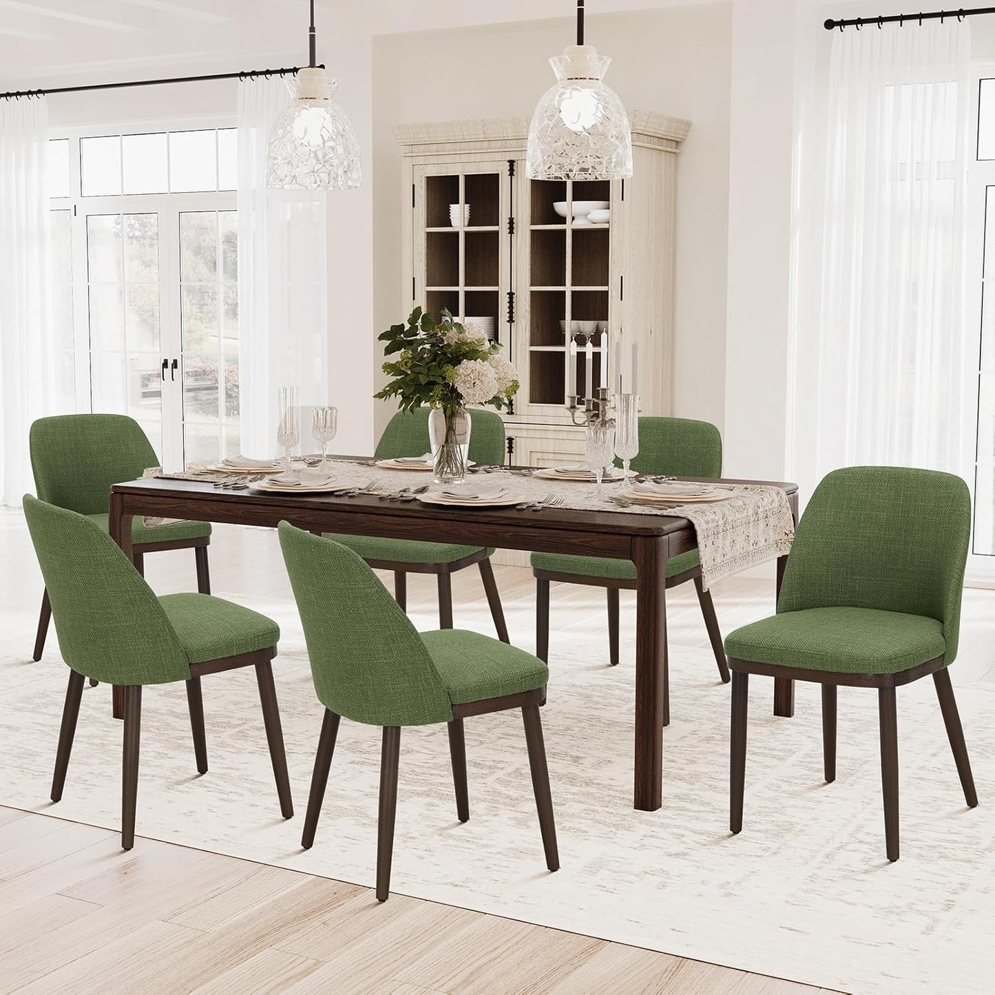 COLAMY Upholstered Dining Chairs Set of 6, Modern Kitchen Chairs with Back, Fabric Side Chair with Wood Legs for Dining Room Kitchen Restaurant, Green