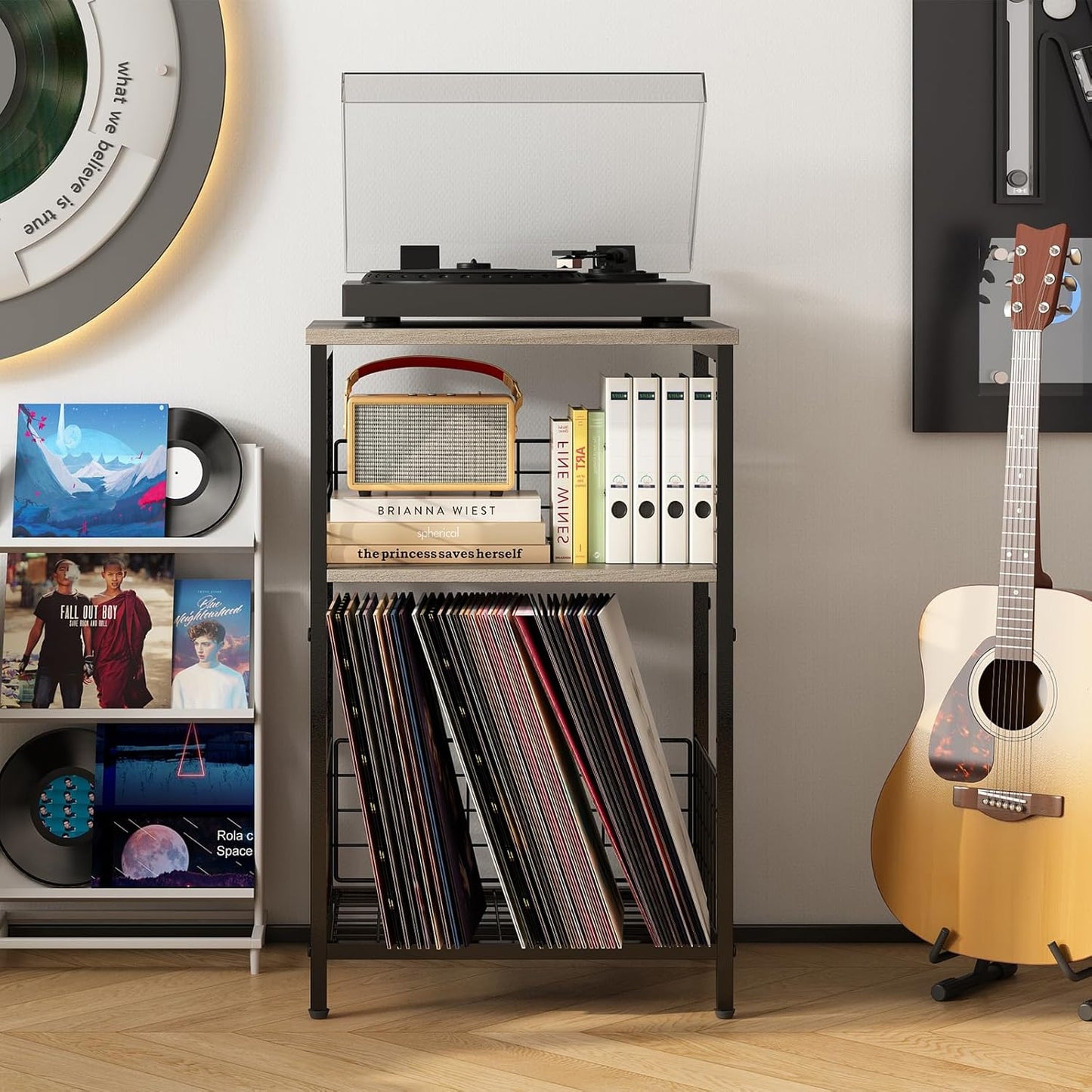 X-cosrack Record Player Stand with Storage Up to 100 Albums, 3 Tier Vinyl Record Storage for Living Room, Turntable Stand with Record Holder & Display Shelf(Patent Pending)(Greige & Black)