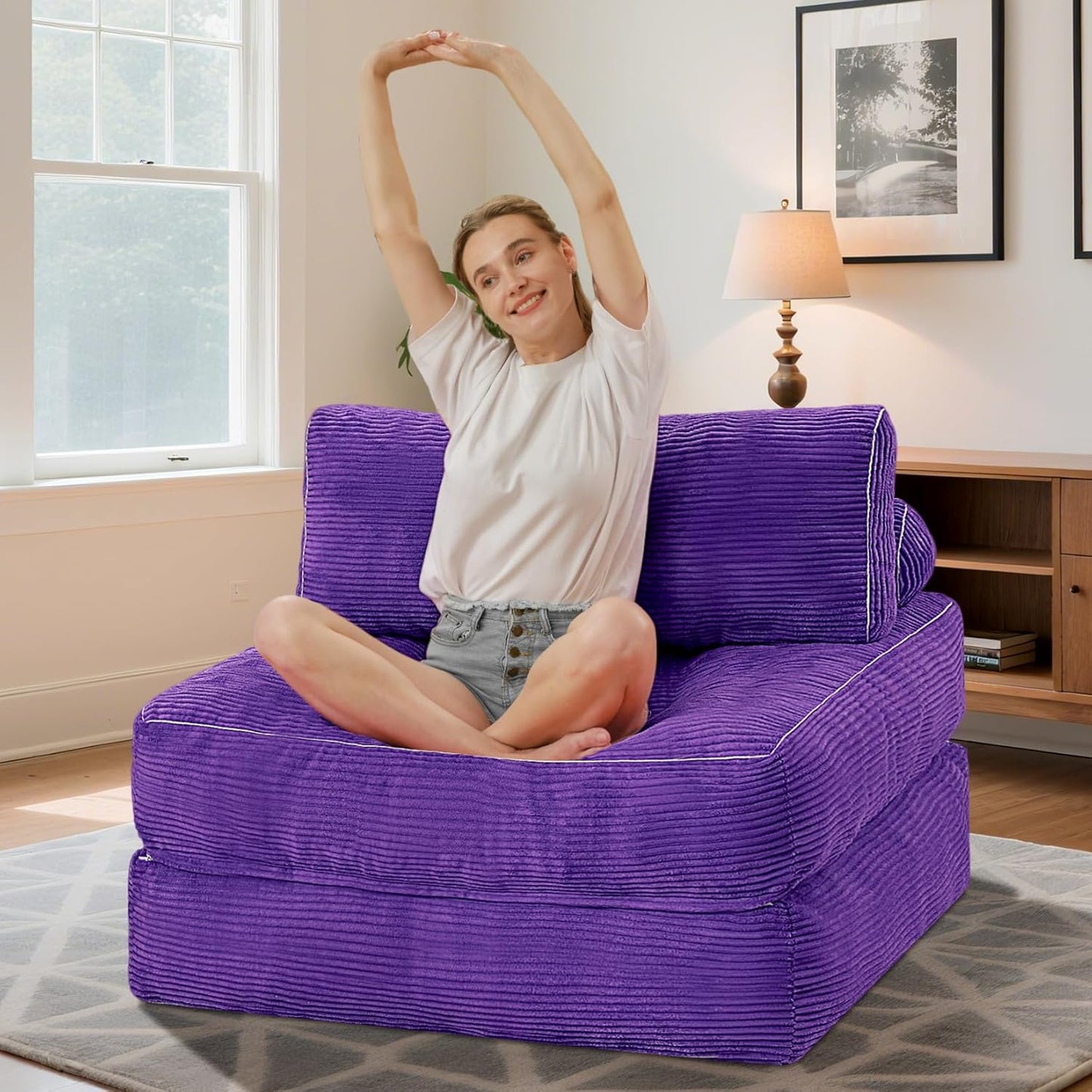 HABUTWAY Folding Sofa Bed, Convertible Sleeper Chair Bed w/Dual-Pillow & Handle, Foldable Floor Sofa Lounge w/Back Support for Living Room, Bedroom, Apartment, Office, Purple