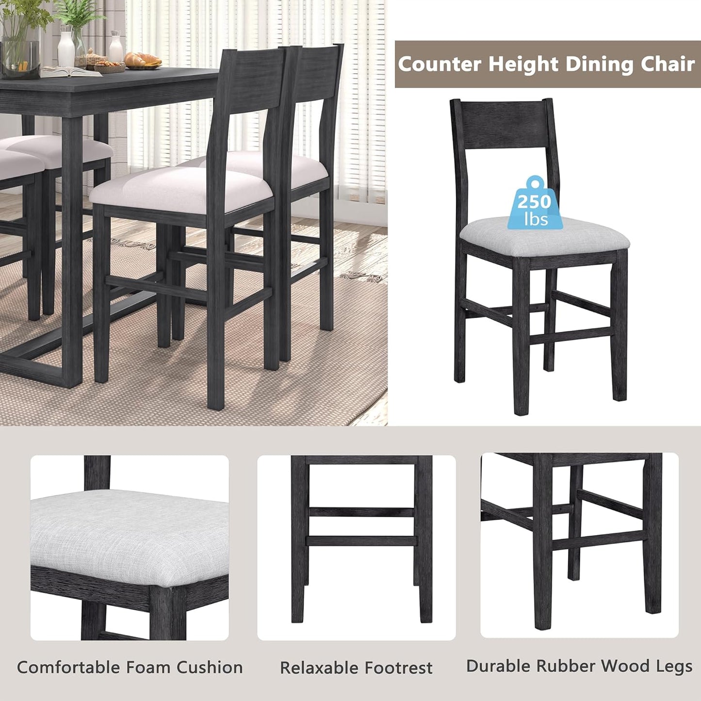 Merax Farmhouse Counter Height 5-Piece Dining Set with 1 Rectangular Table and 4 Upholstered Chairs for Small Places, Family Kitchen Furniture, Gray