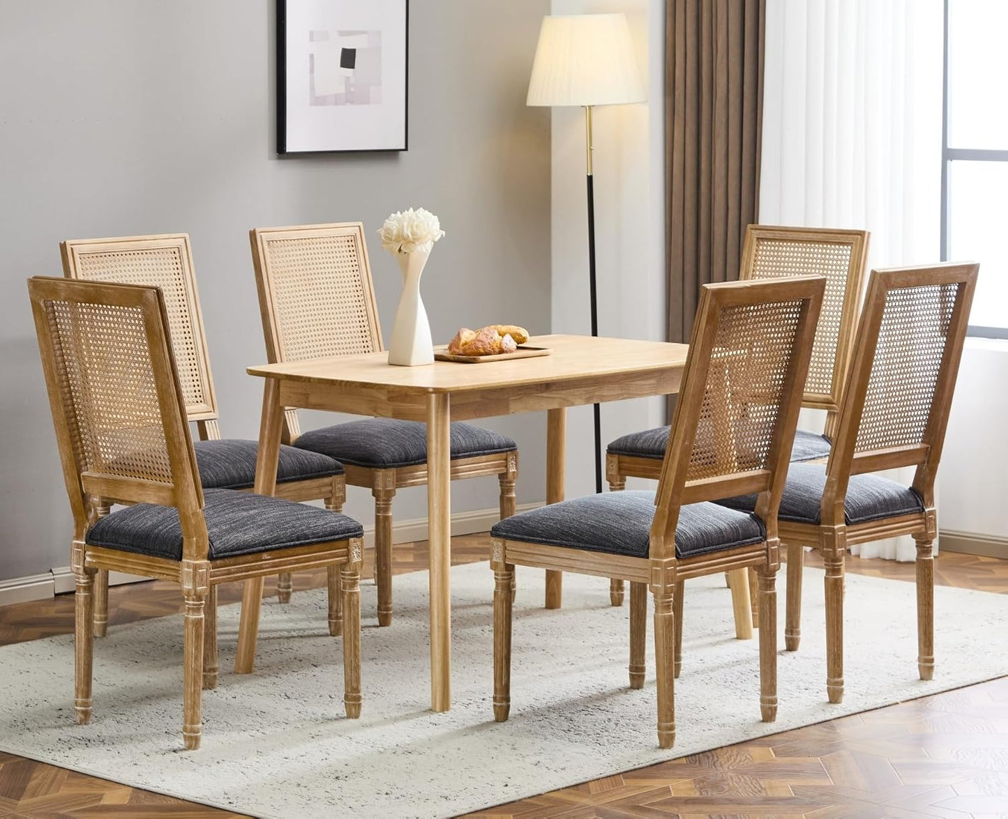 Merax Upholstered Solid Wood Dining Chairs Set of 6, French Country Style Accent Side Seating Furniture for Kitchen, Living Room, Wicker Back, Blue Gray