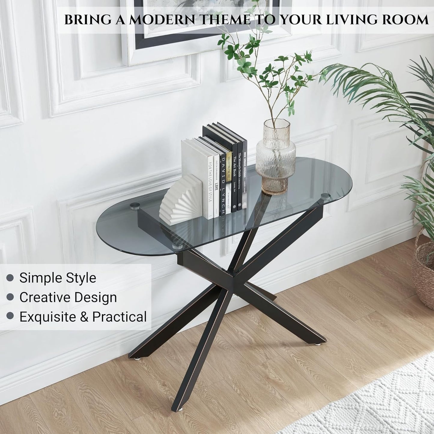 Modern Glass Oval Console Table, Entryway Hallway Narrow Sofa Table, Entrance for Entryway, Living Room, Foyer, Hallway, Office， 45" Lx18 Wx30 H Black