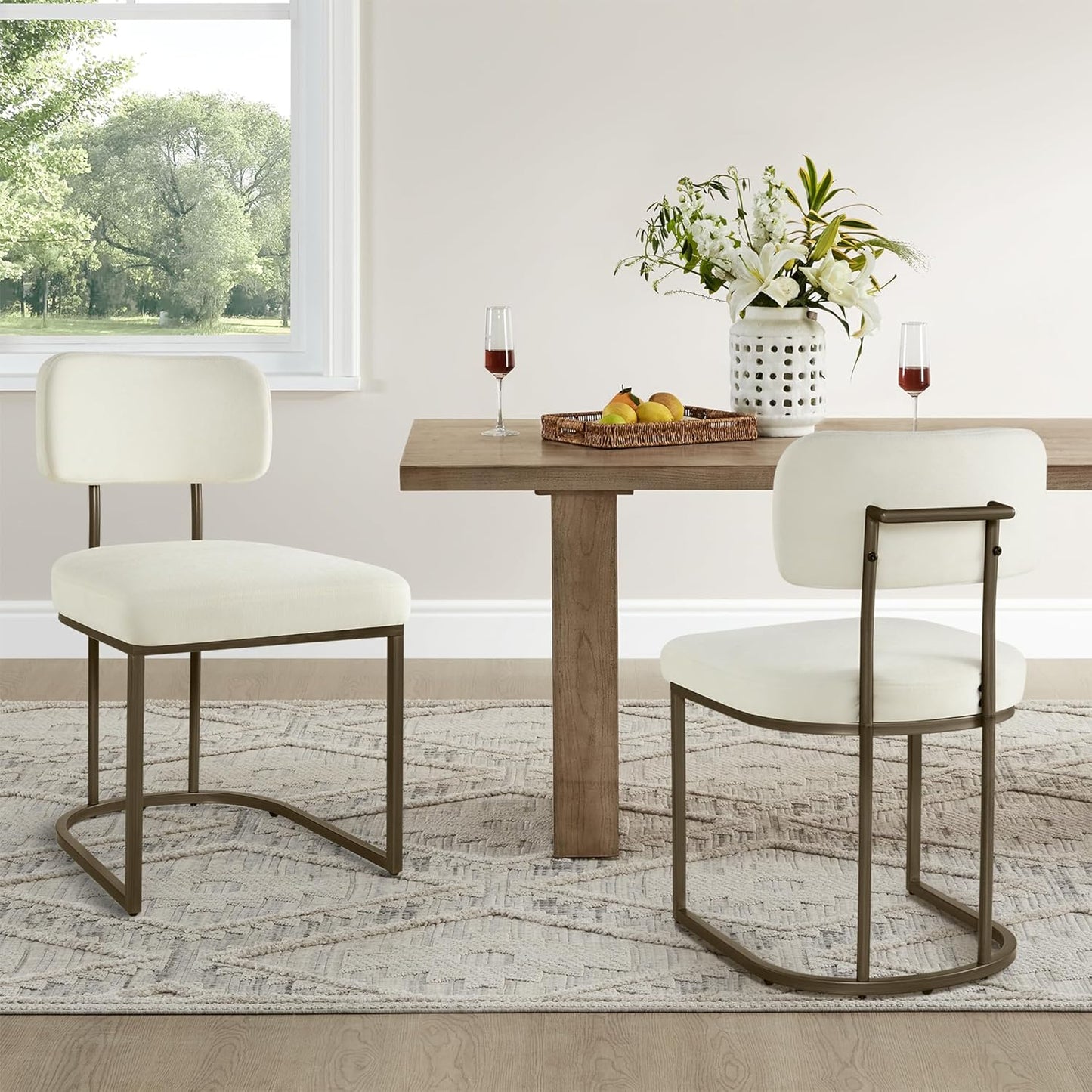 Dining Chairs Set of 2, Upholstered Modern Kitchen Chairs with Ergonomic Backrest, Fabric Cushion Seat & Metal Legs for Living Room, Restaurant, and Café, Ivory