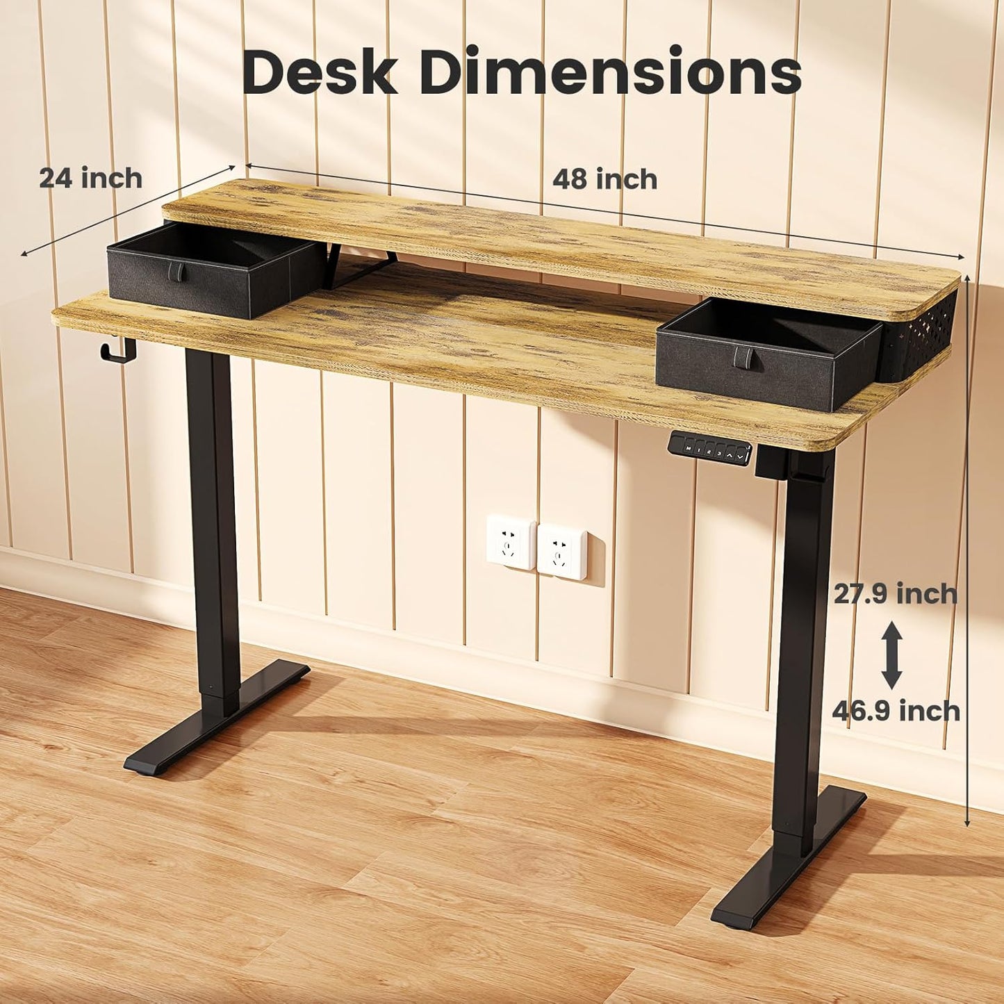 Standing Desk With Drawers and Brushless Motor,Electric Height Adjustable desk for Walking Pad,Ergonomic Stand Up Desk for Home Office & Gaming,3 Memory Height Preset & Hooks(48" x 24",Rustic Brown)