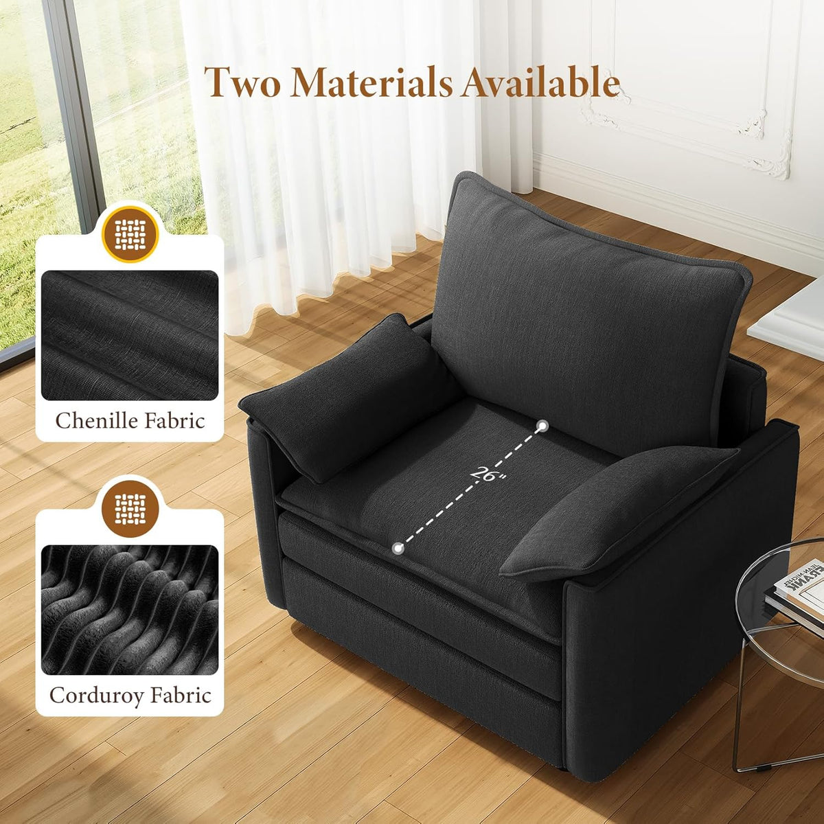 Vesgantti 40" Single Seat Sofa, Comfy Cloud Couch Deep Seat Upholstered Couch Chenille Modern Sofa with Armrest Pillow, Easy Assembly for Living Room, Bedroom and Apartment, Black