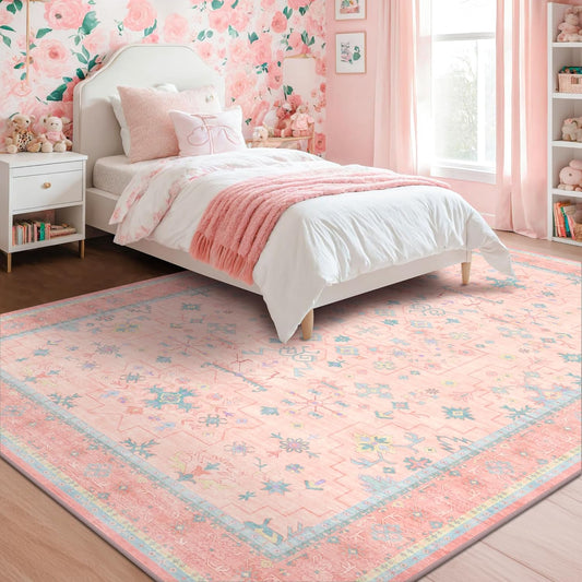 Washable Pink and Blue 8x10 Oushak Rugs for Bedroom Girls Dorm Living Room, Modern Floral Aethestic Distressed Design, Soft Faux Wool Low Pile Non Slip Stain Resistance Carpet