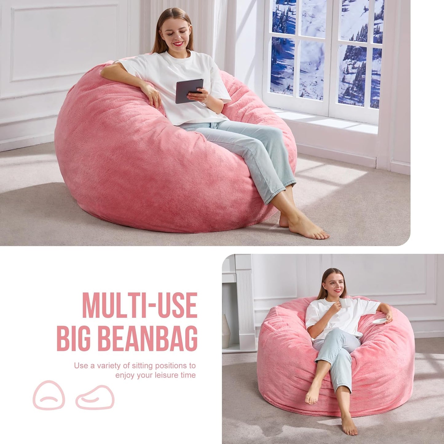 Hobestluk 4ft Bean Bag Chairs for Adults Large Beanbag Chair with Plush Faux Fur Cover Big Bean Bag Chair for Living Room Bedroom Dorm Office -Pink (44” x 44” x 24”)