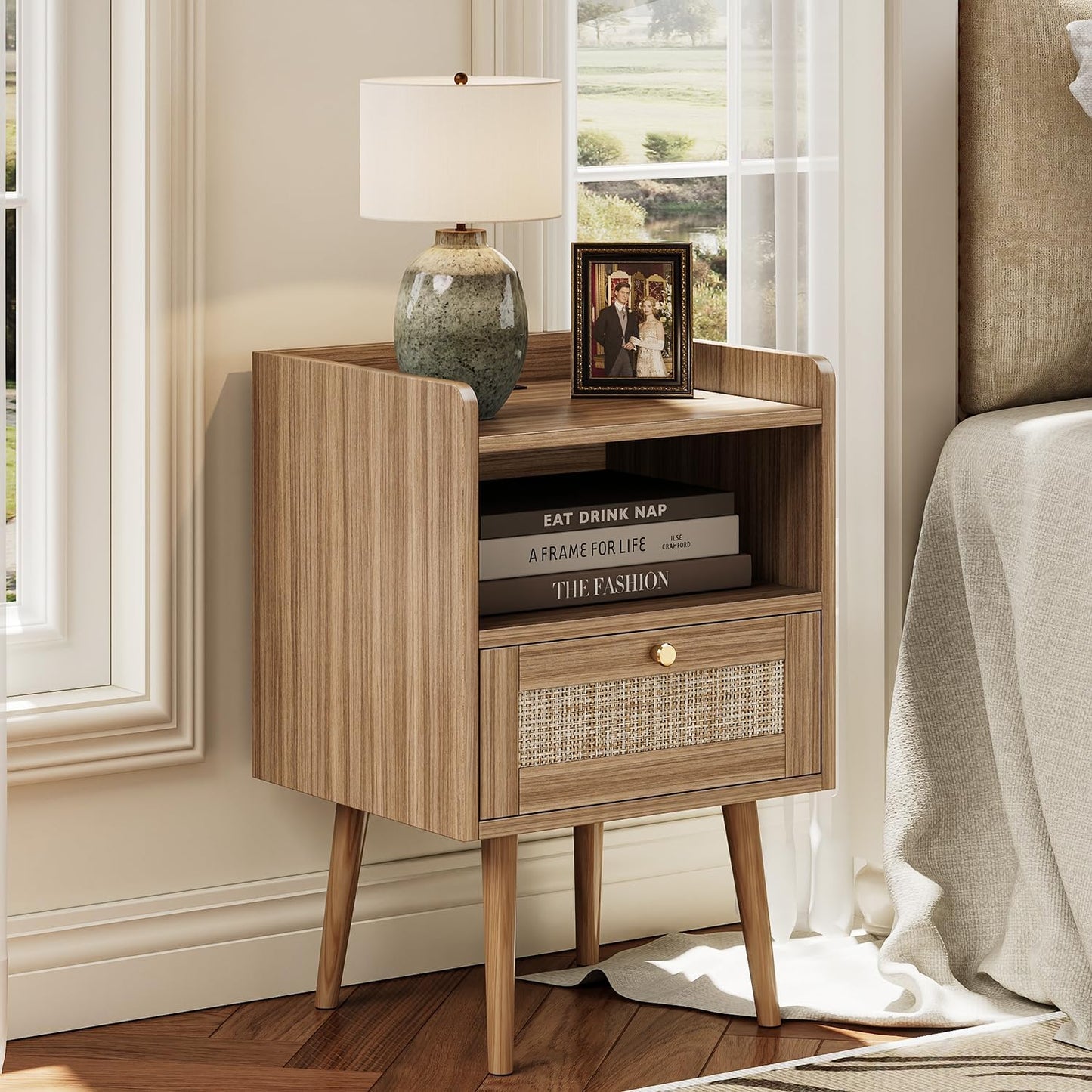 Night stand Set of 2, Bedside Tables with Charging Station, Rattan End Tables, Bed Side Tables, Wood Nightstands set of 2 for Farmhouse Kids' Room Bedroom Living Room Dorm Sofa Office Corner(Brown)
