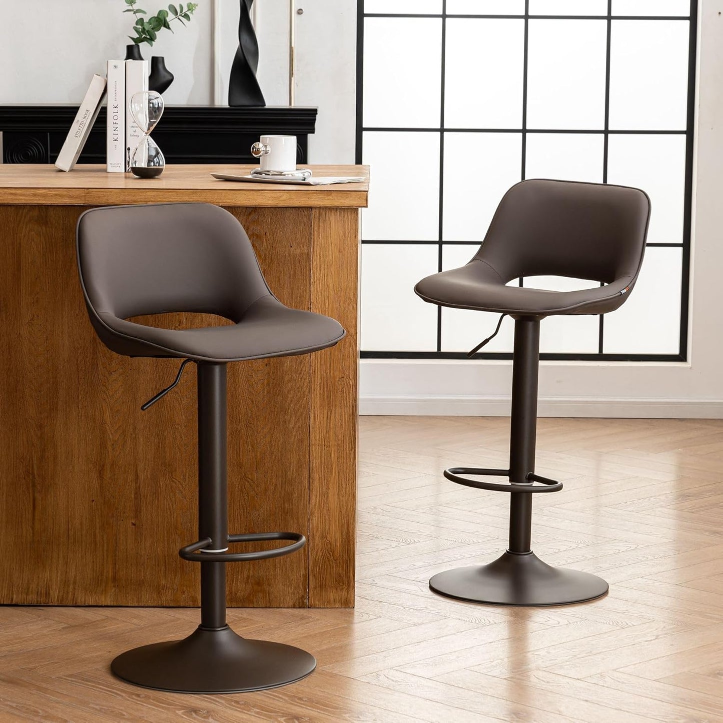 YOUNIKE Bar Stools Set of 2 Modern Swivel Barstools, Adjustable Counter Height Bar Stools Faux Leather Upholstered Counter Stools with Hollow Back for Kitchen Island, Brown